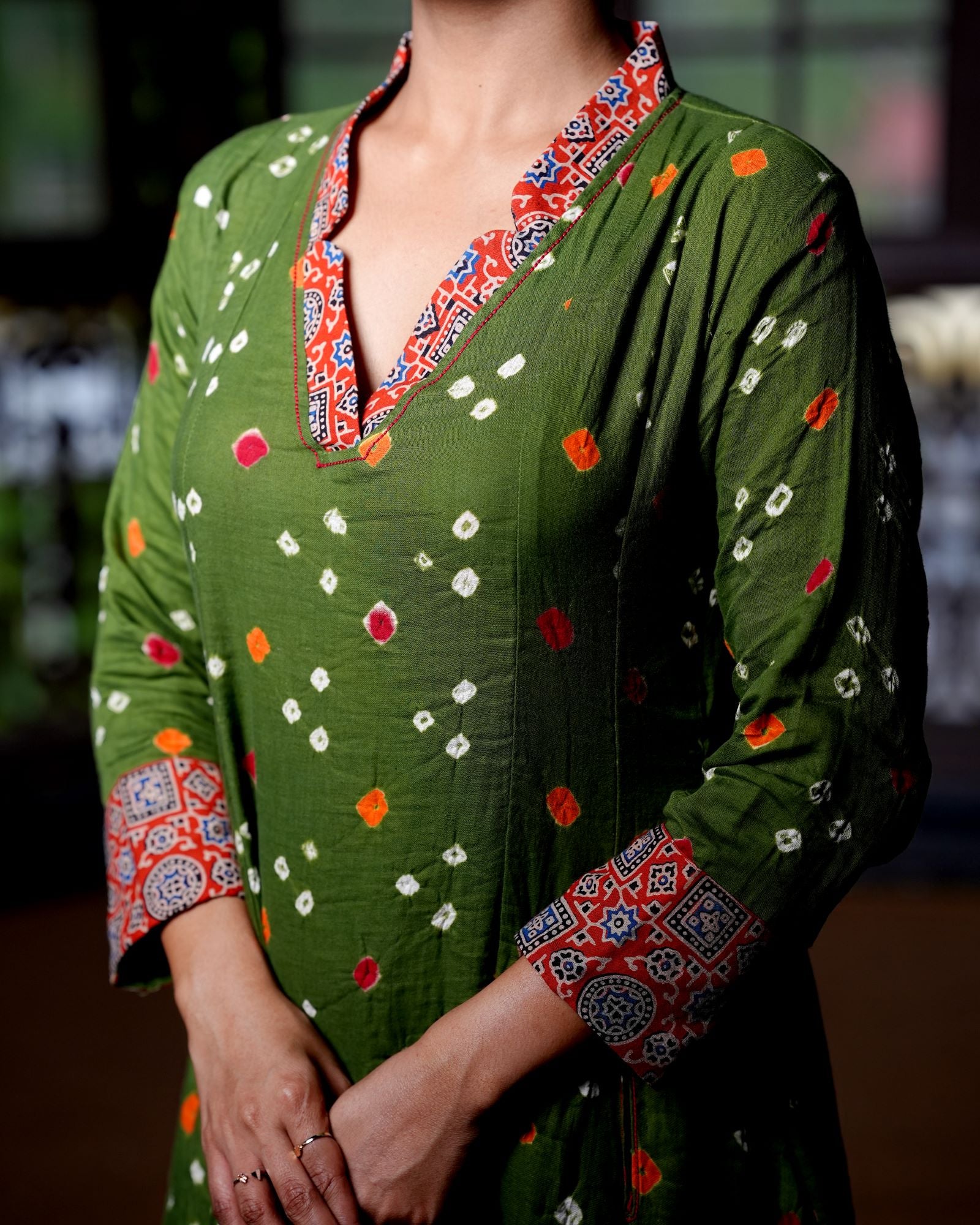 Bandhani Cotton V-collar neck Paneled kurta with Ajrakh Patches and 3/4 Sleeves, Olive Green, KP1085