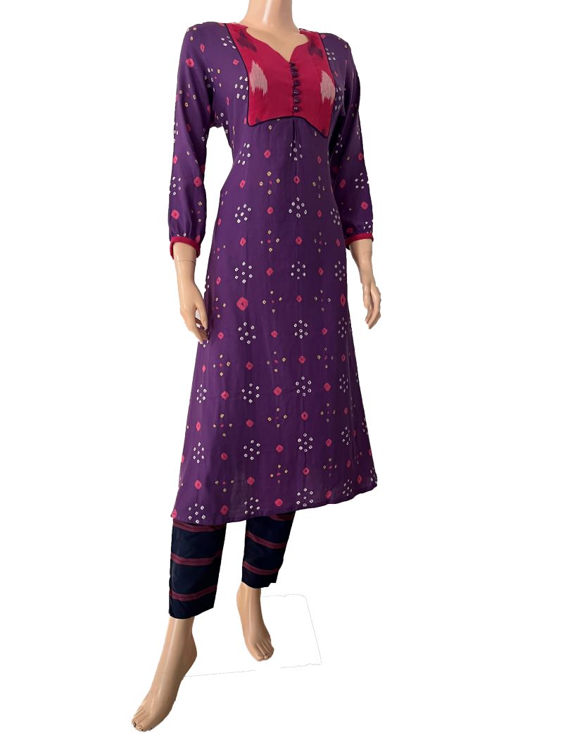 Bandhani Cotton Y neck A- Line kurta with Gathered sleeves, Ikat Patches & Button Details, Lavender - Purple, KP1087