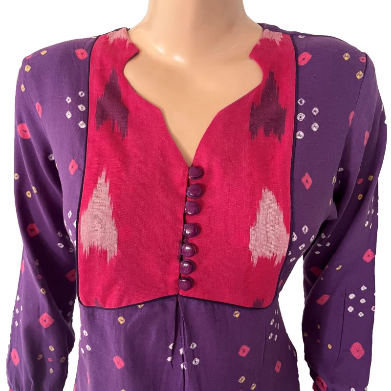 Bandhani Cotton Y neck A- Line kurta with Gathered sleeves, Ikat Patches & Button Details, Lavender - Purple, KP1087