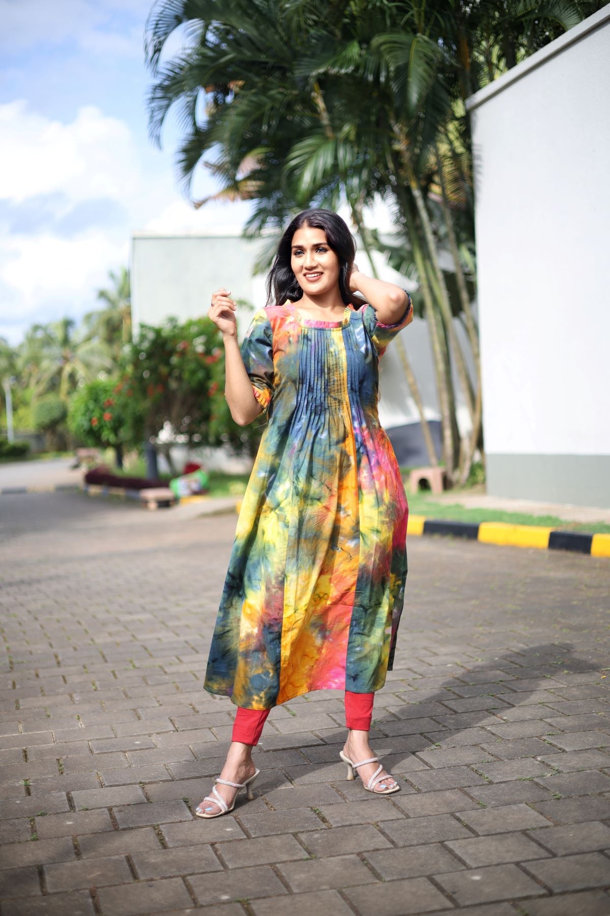 Bathik Cotton A Line Kurta with Pintuck and Half Sleeves, Multicolor, KP1090