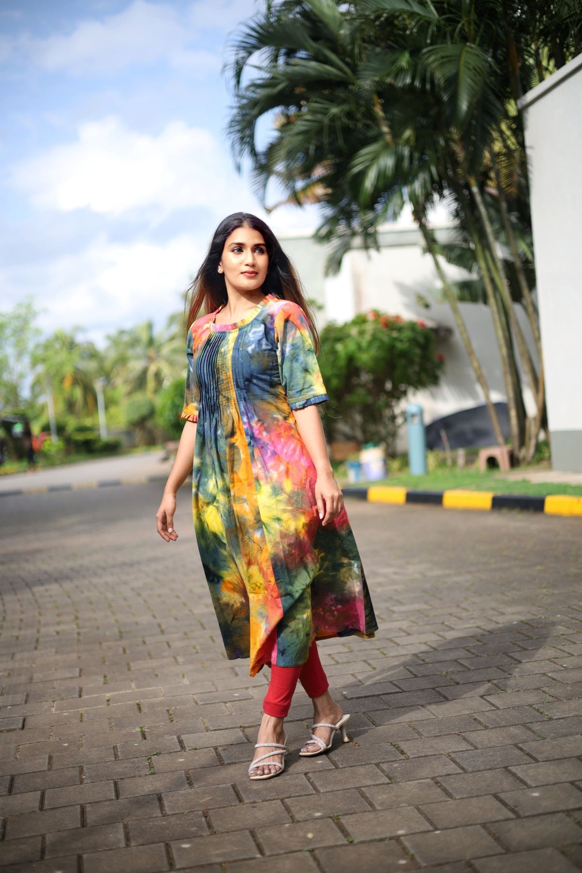 Bathik Cotton A Line Kurta with Pintuck and Half Sleeves, Multicolor, KP1090