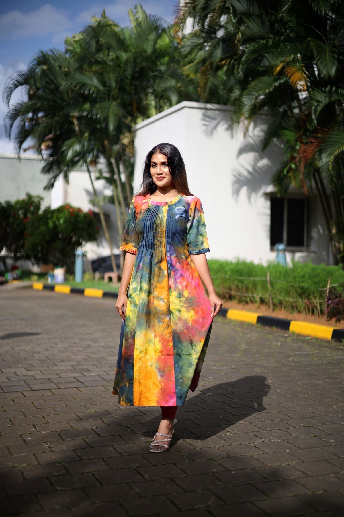 Bathik Cotton A Line Kurta with Pintuck and Half Sleeves, Multicolor, KP1090