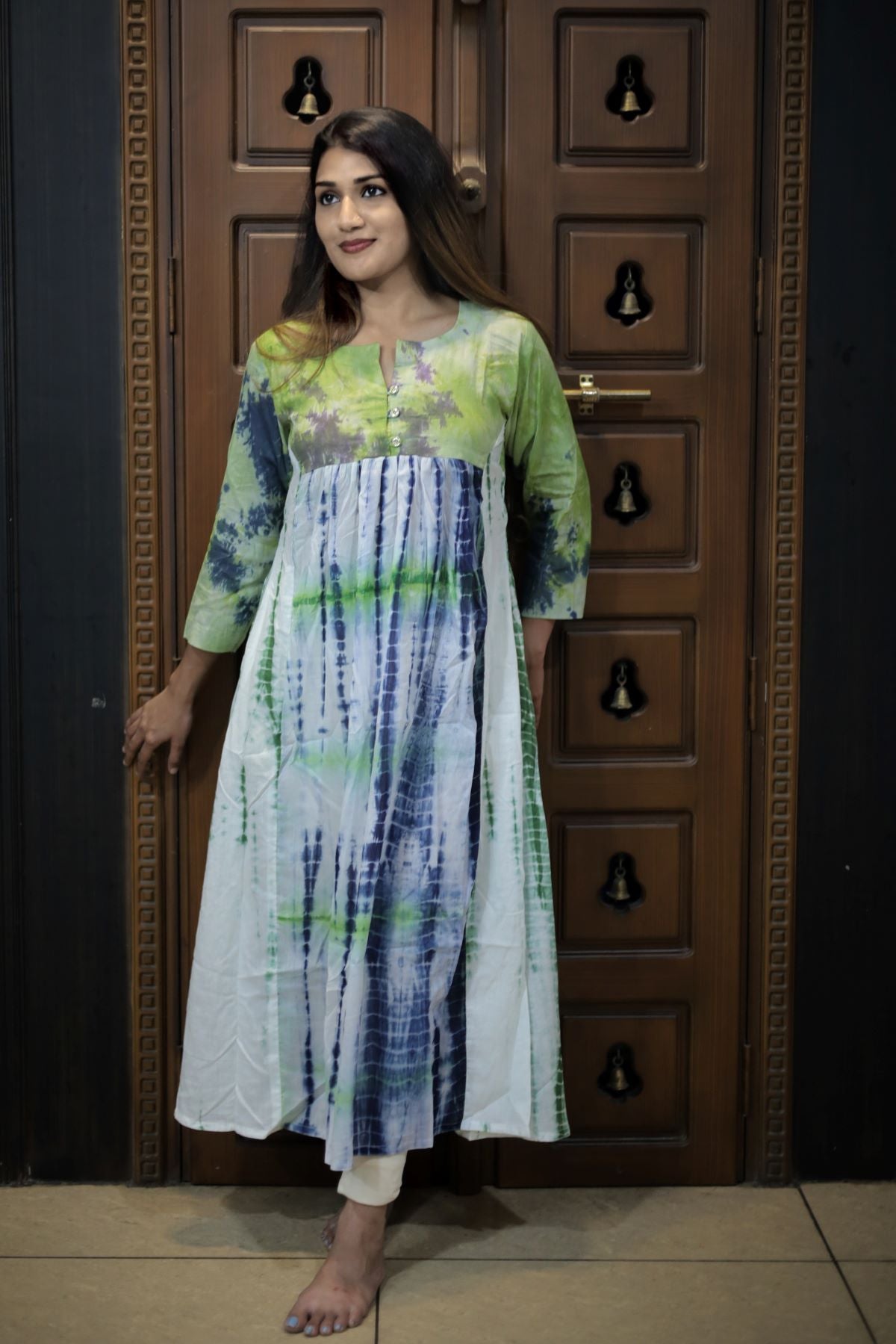 Mul Cotton Tie- Dye Pleated Kurta , Multicolor, KP1100