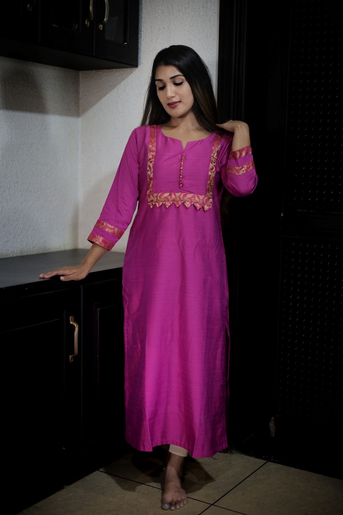 Semi Raw Silk Y Neck Straight Cut Kurta with Banarasi Brocade Patches, Potli Button Details & Lining, Majentha , KS1003