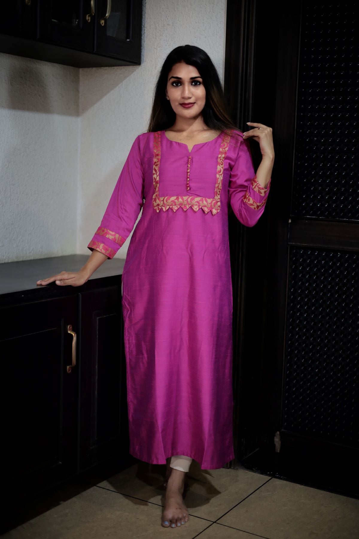 Semi Raw Silk Y Neck Straight Cut Kurta with Banarasi Brocade Patches, Potli Button Details & Lining, Majentha , KS1003