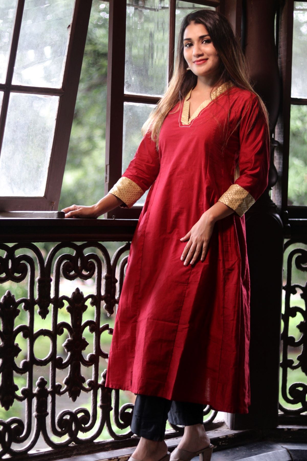 Art Silk V Collar A Line Kurta with Banarasi Brocade Patches & Lining , Maroon, KS1005