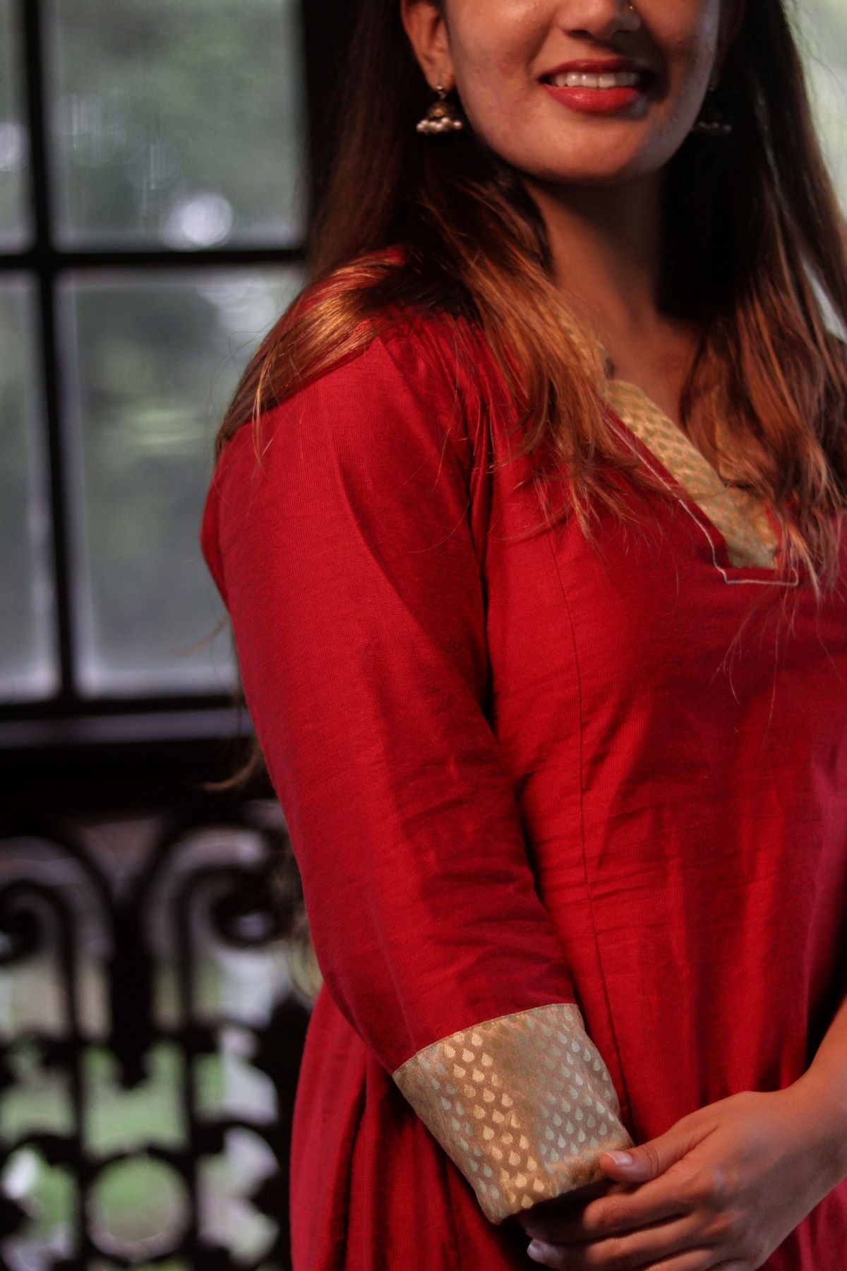 Art Silk V Collar A Line Kurta with Banarasi Brocade Patches & Lining , Maroon, KS1005
