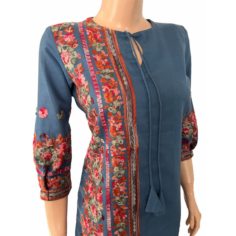 Embroidered Cotton Short Kurta with Tie-up neck & Pleated Sleeves, Iris blue, KW1045