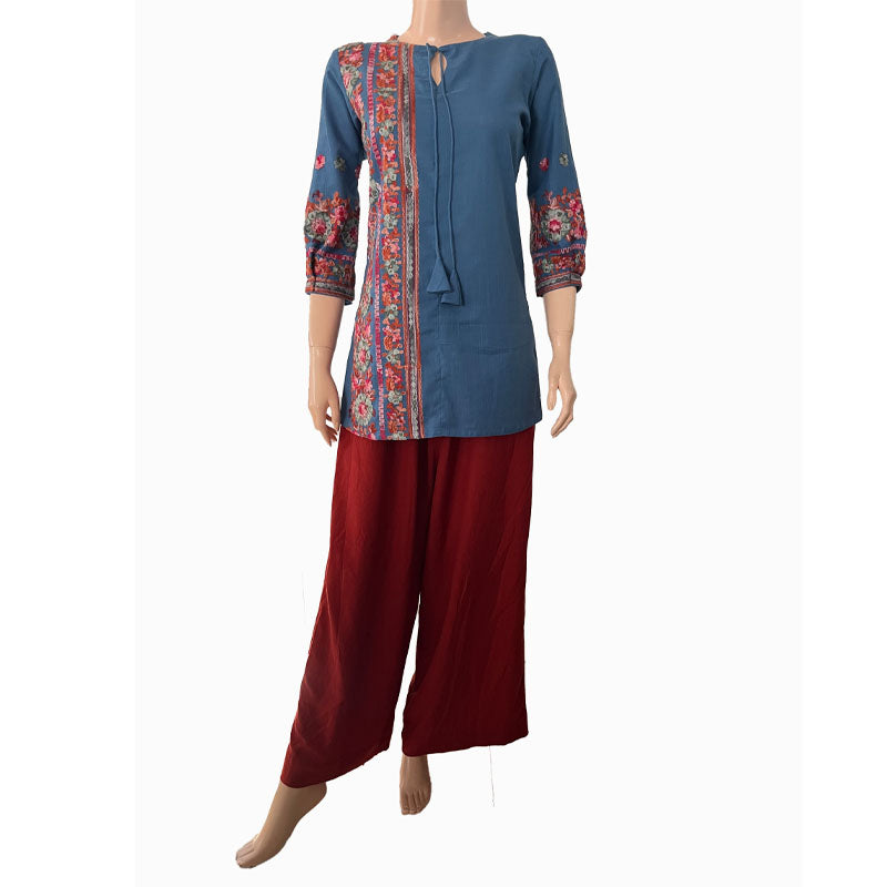 Embroidered Cotton Short Kurta with Tie-up neck & Pleated Sleeves, Iris blue, KW1045