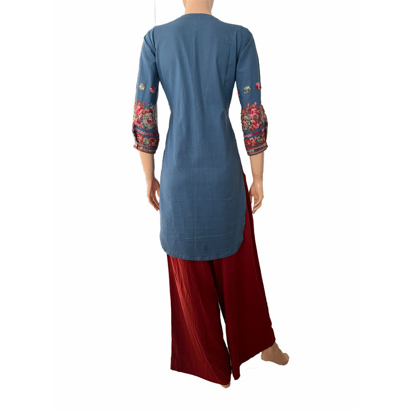 Embroidered Cotton Short Kurta with Tie-up neck & Pleated Sleeves, Iris blue, KW1045