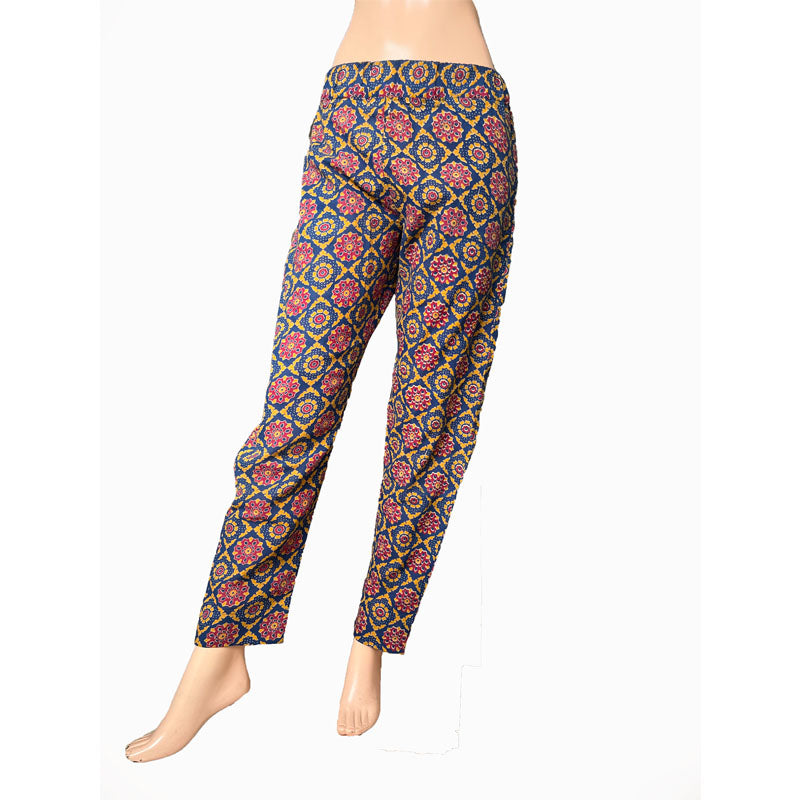 Kalamkari Cotton Pants with Pockets, Fully Elasticated, Multicolor, PN1095