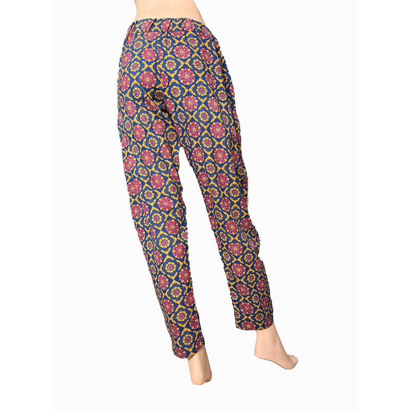Kalamkari Cotton Pants with Pockets, Fully Elasticated, Multicolor, PN1095