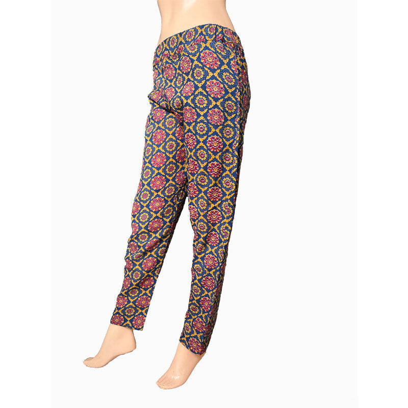 Kalamkari Cotton Pants with Pockets, Fully Elasticated, Multicolor, PN1095