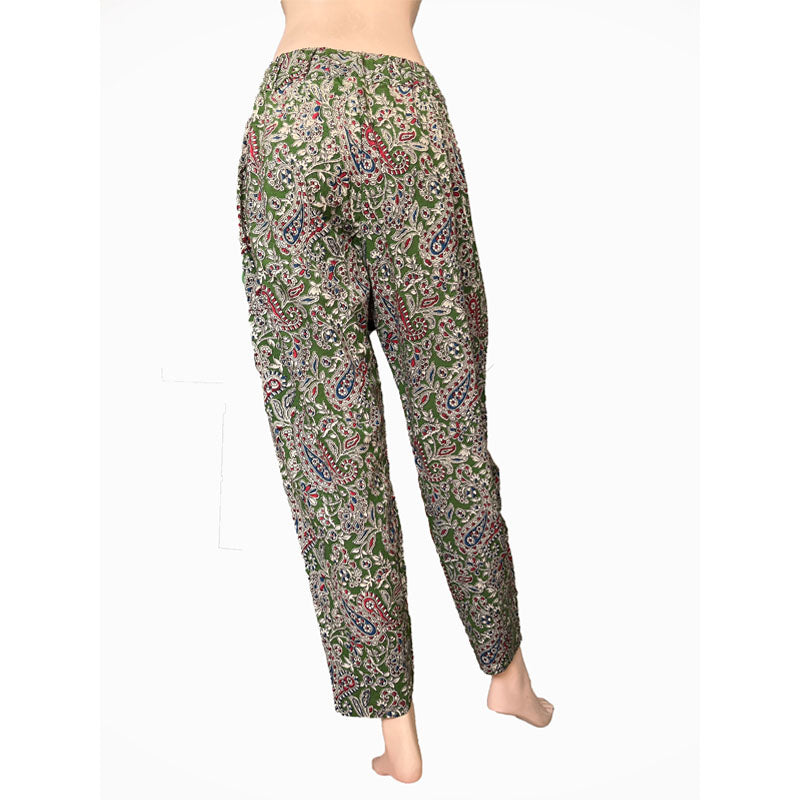 Kalamkari Cotton Pants with Pockets, Fully Elasticated, Olive Green, PN1097
