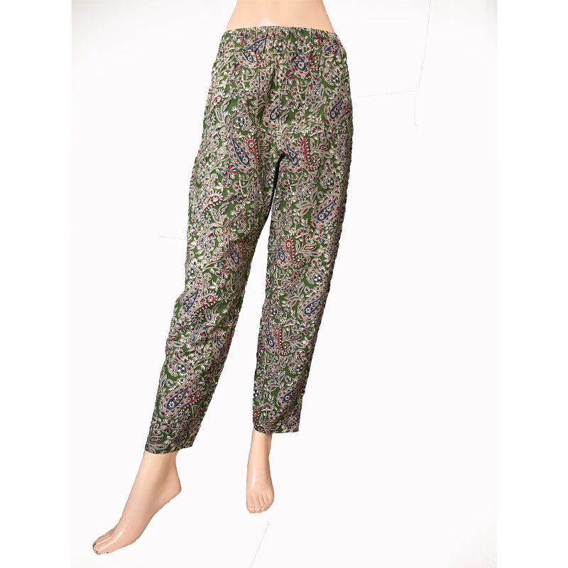 Kalamkari Cotton Pants with Pockets, Fully Elasticated, Olive Green, PN1097