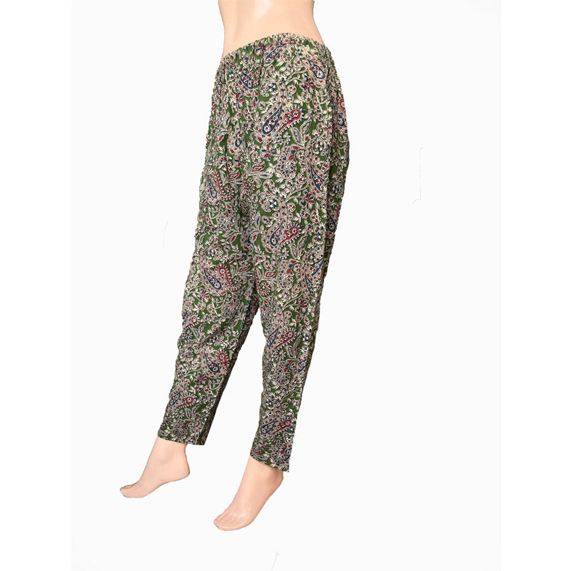 Kalamkari Cotton Pants with Pockets, Fully Elasticated, Olive Green, PN1097