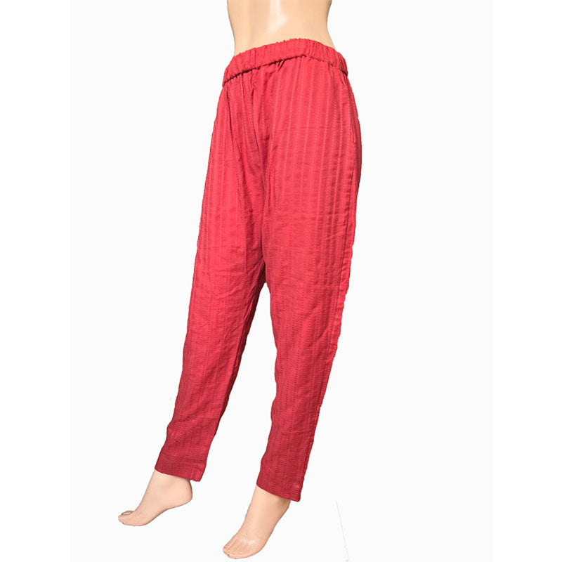 Self Striped Crushed Cotton Pants with Pockets, Fully Elasticated, Rust, PN1098
