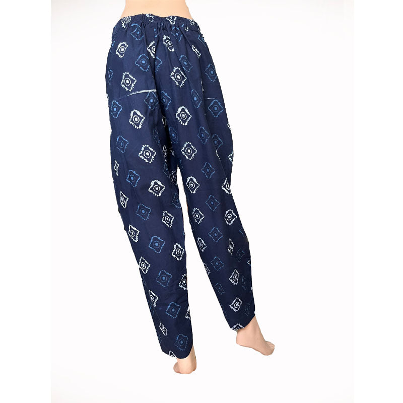 Block Printed Cotton Pants with Pockets, Fully Elasticated, Indigo blue, PN1099