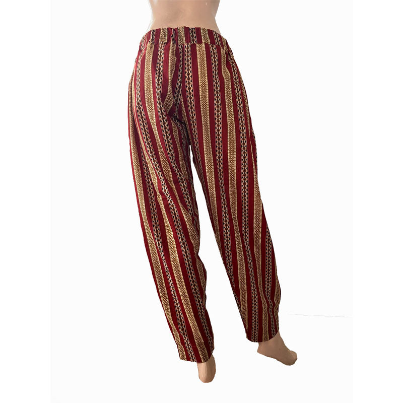 Block Printed Cotton Pants with Pockets, Fully Elasticated, Maroon, PN1101