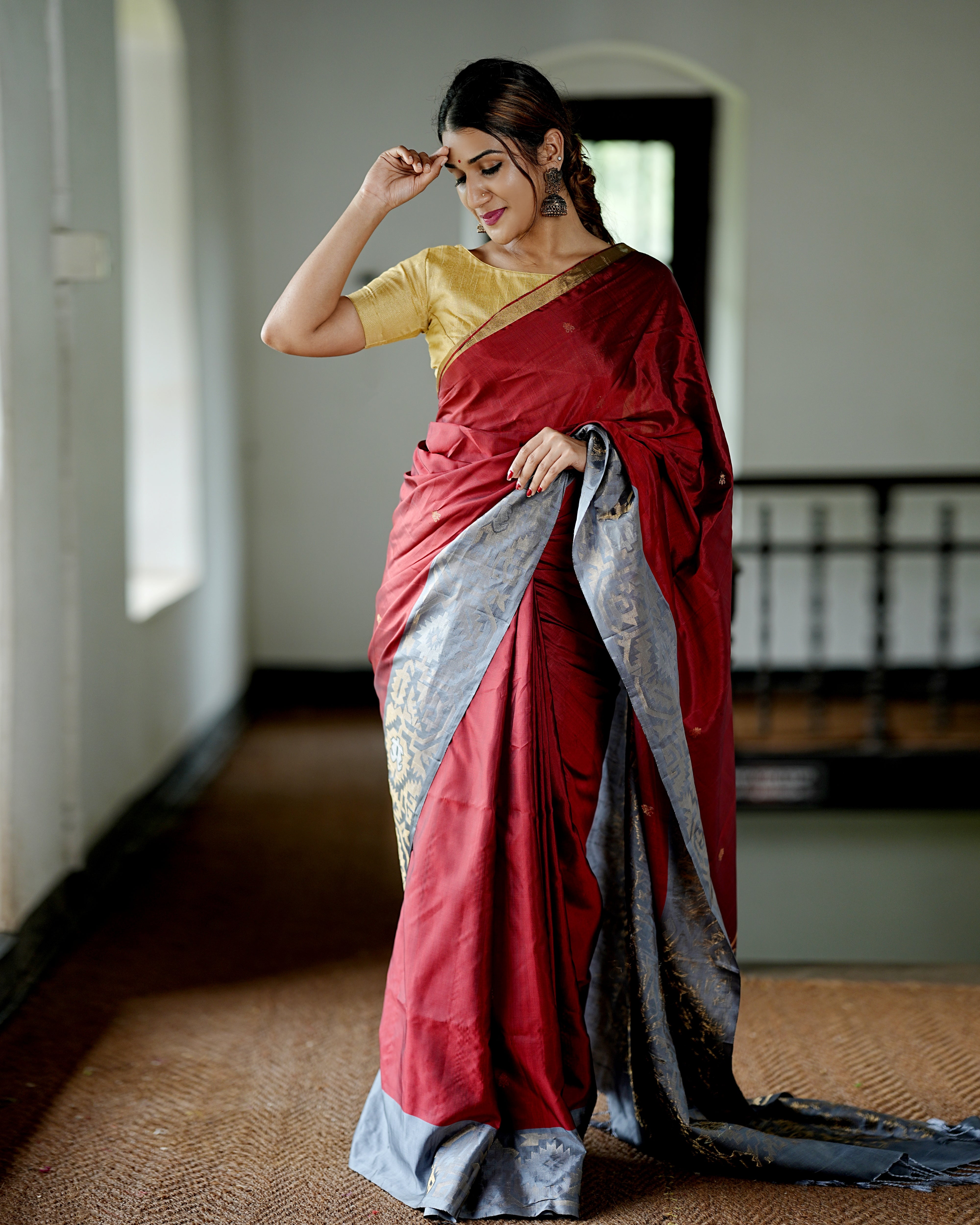 Pure Kanchipuram Soft Silk Saree with Zari Gold & Silver Border & Plain Grey Blouse Piece, Maroon - Grey, SK1001