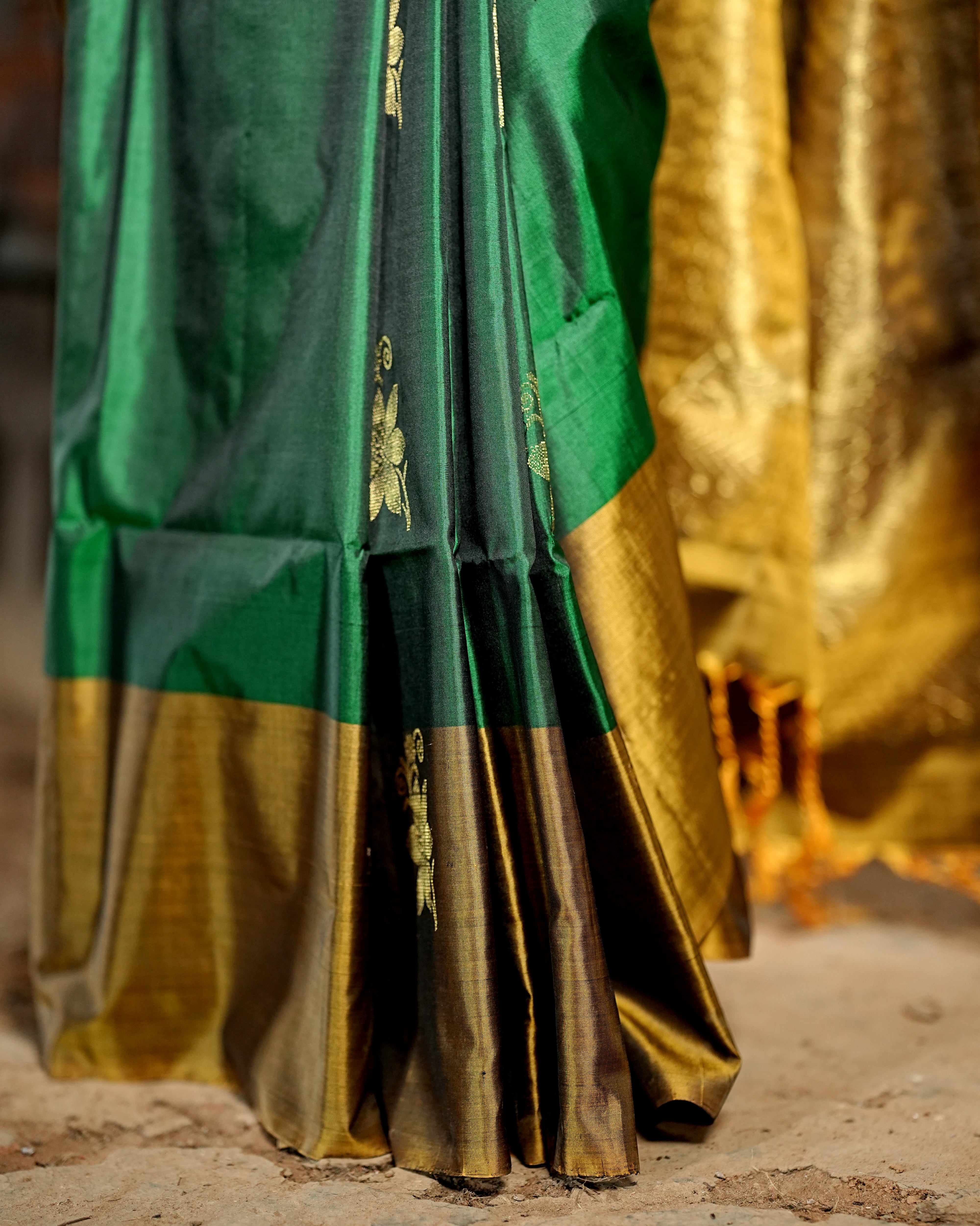 Pure Kanchipuram Soft Silk Saree with Broad Contrast Border, Pure Gold & Silver Zari Butta & Plain Mustard Blouse Piece, Bottle Green - Golden Mustard, SK1003