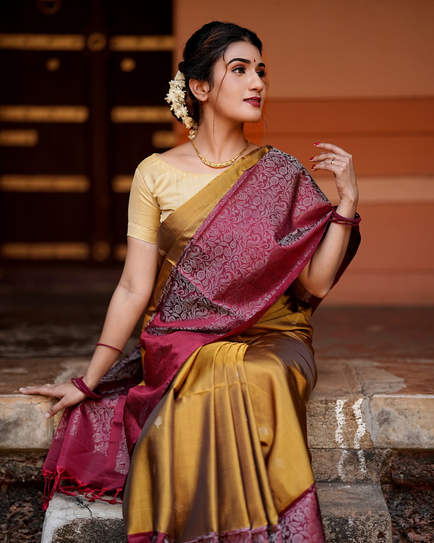 Pure Kanchipuram Soft Silk Saree with Broad Zari Brocade One Side Border, Pure Gold & Silver Zari Butta & Plain Maroon Blouse Piece, Mustard - Maroon, SK1005