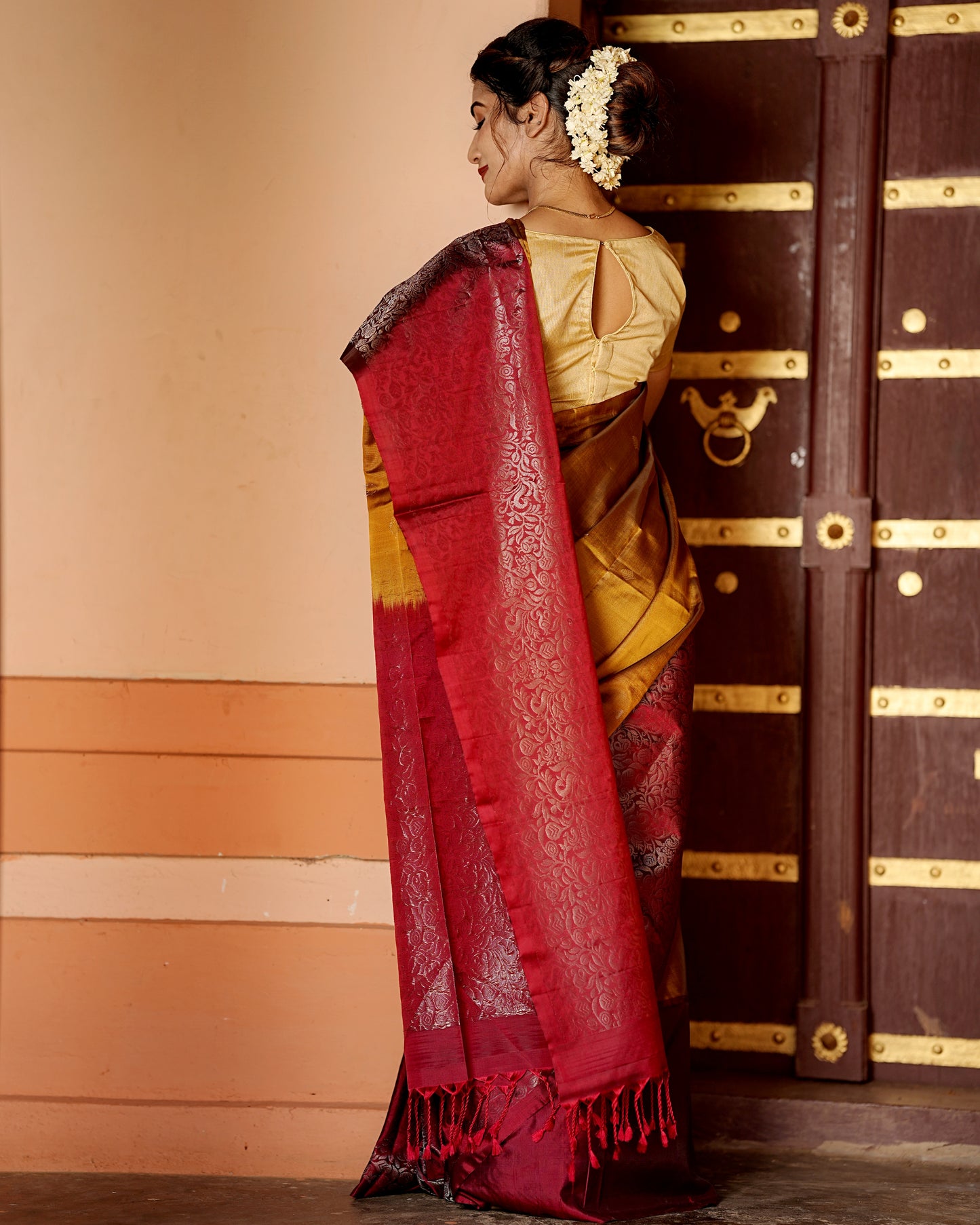 Pure Kanchipuram Soft Silk Saree with Broad Zari Brocade One Side Border, Pure Gold & Silver Zari Butta & Plain Maroon Blouse Piece, Mustard - Maroon, SK1005