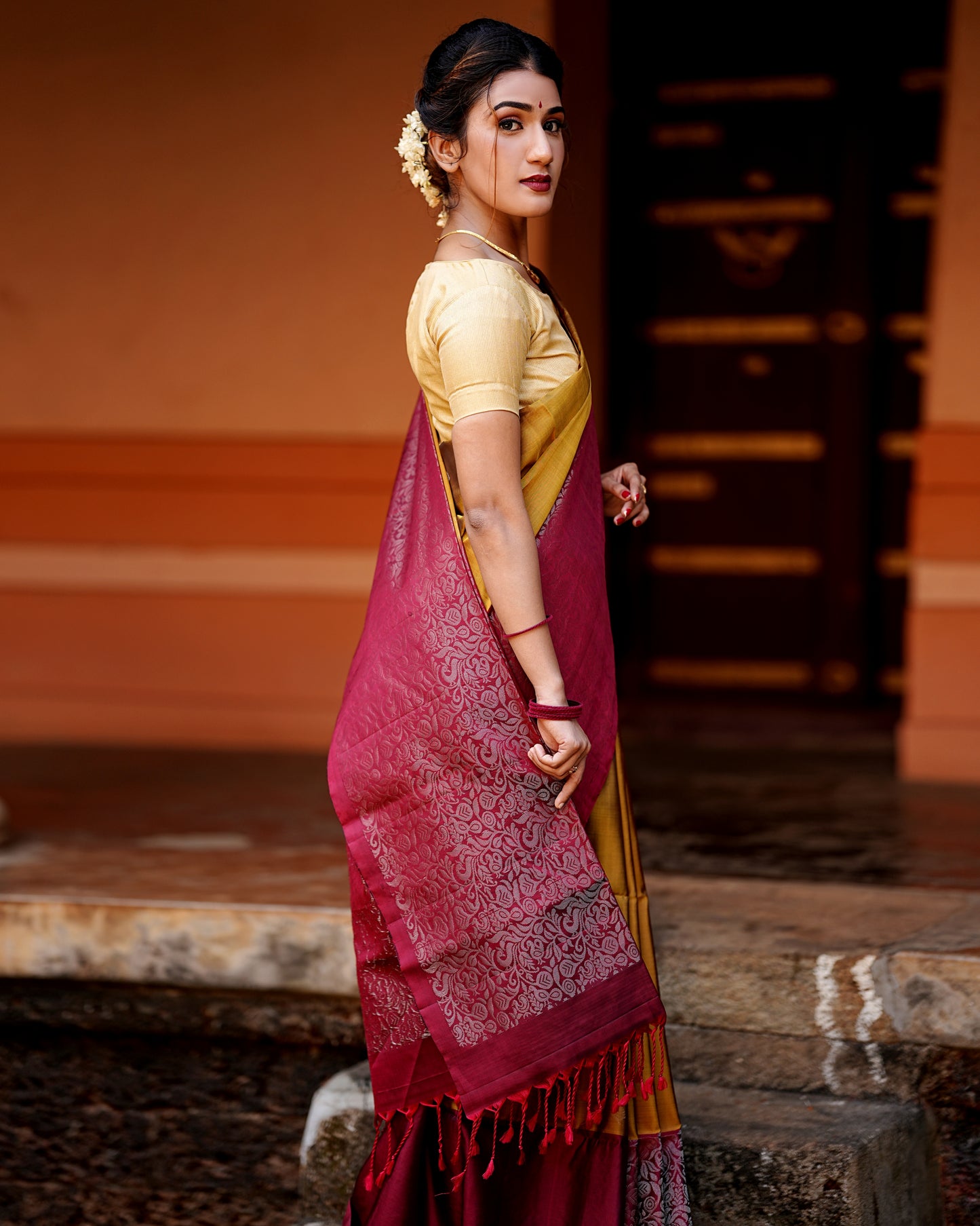Pure Kanchipuram Soft Silk Saree with Broad Zari Brocade One Side Border, Pure Gold & Silver Zari Butta & Plain Maroon Blouse Piece, Mustard - Maroon, SK1005