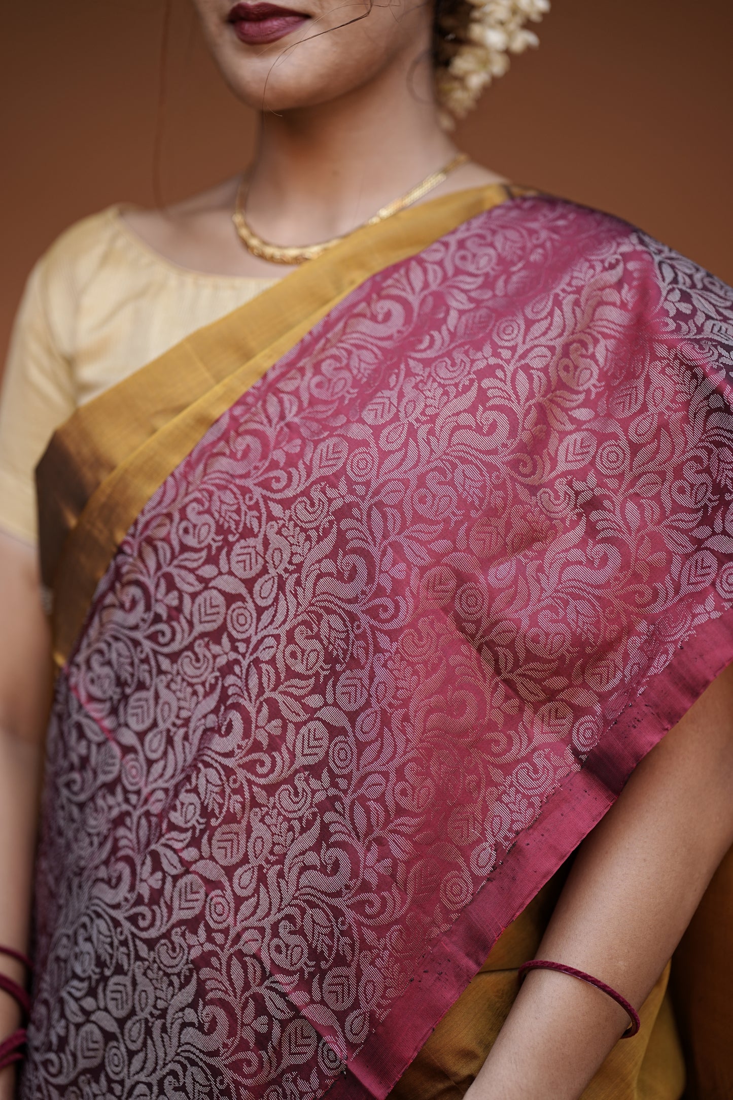 Pure Kanchipuram Soft Silk Saree with Broad Zari Brocade One Side Border, Pure Gold & Silver Zari Butta & Plain Maroon Blouse Piece, Mustard - Maroon, SK1005