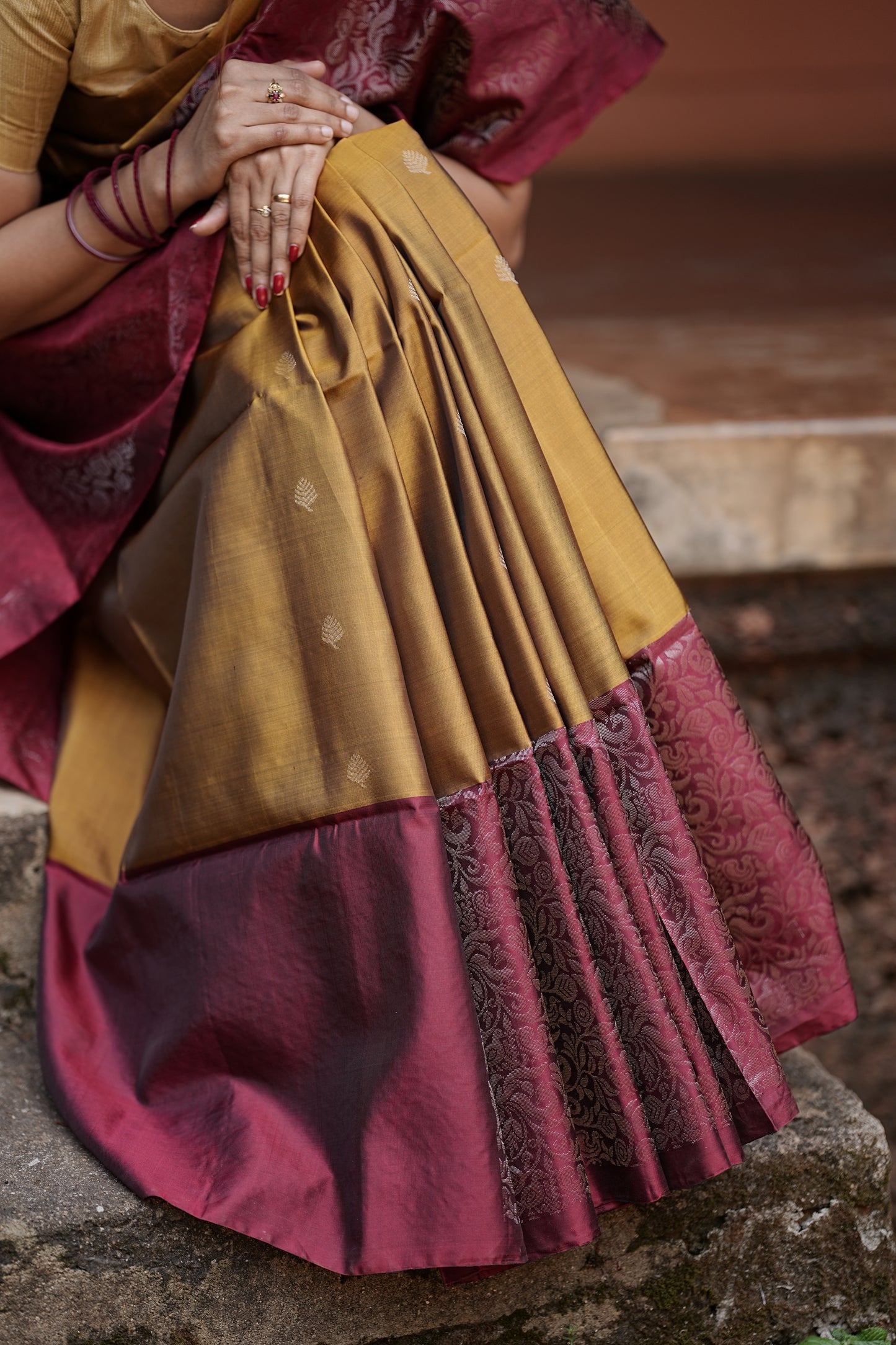 Pure Kanchipuram Soft Silk Saree with Broad Zari Brocade One Side Border, Pure Gold & Silver Zari Butta & Plain Maroon Blouse Piece, Mustard - Maroon, SK1005