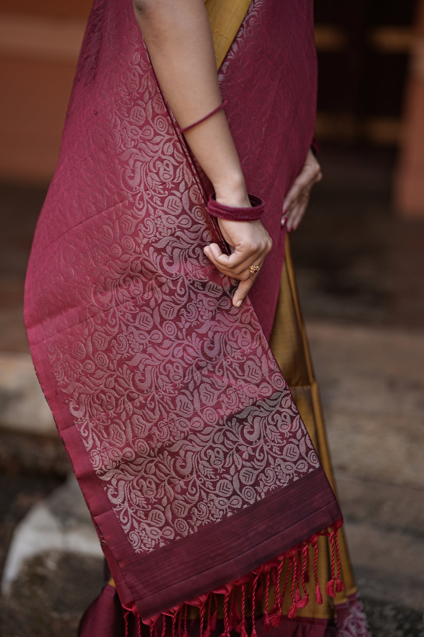 Pure Kanchipuram Soft Silk Saree with Broad Zari Brocade One Side Border, Pure Gold & Silver Zari Butta & Plain Maroon Blouse Piece, Mustard - Maroon, SK1005