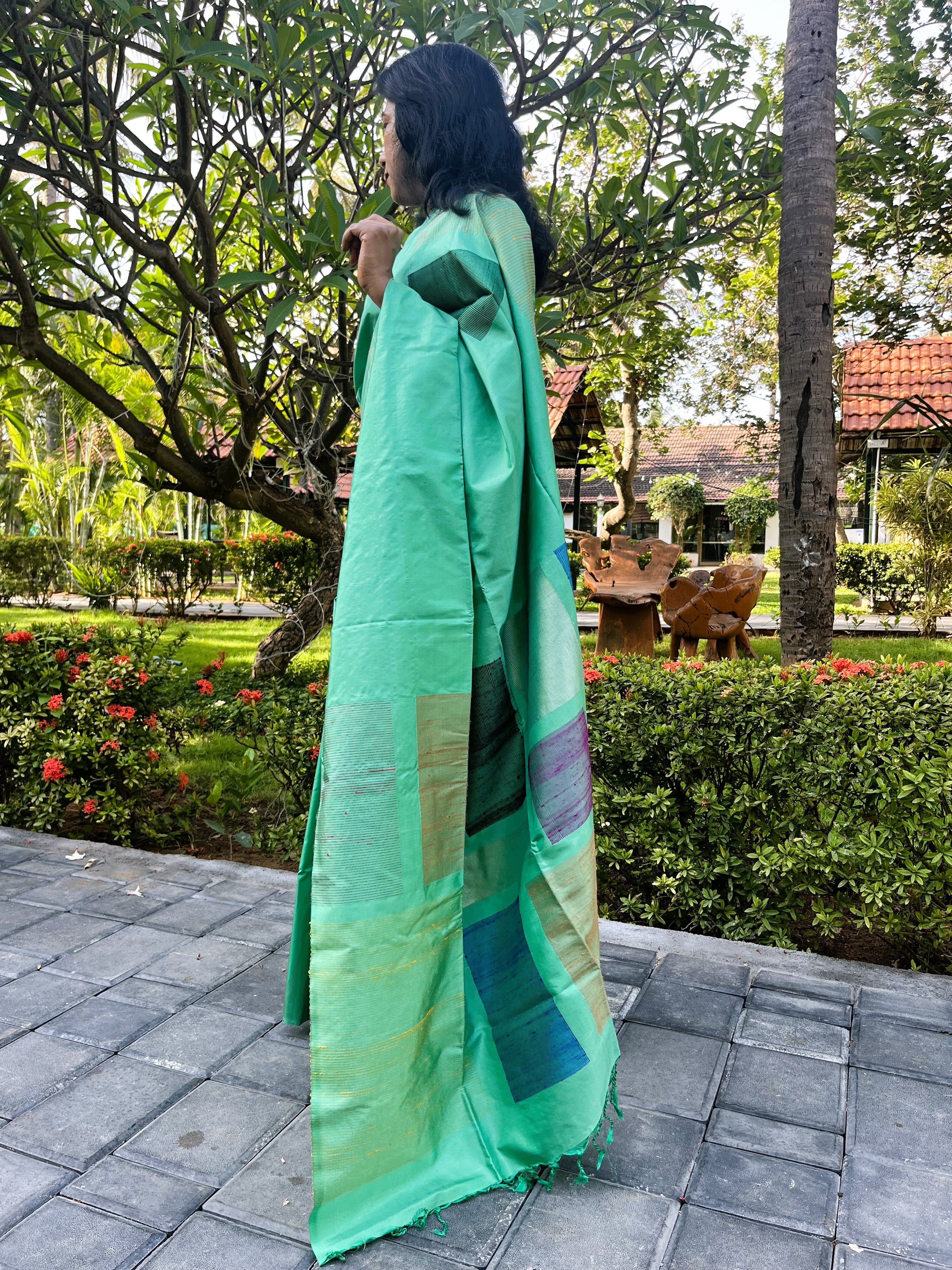 Pure Kanchipuram Soft Silk Saree with Dupion Thread Woven Border & Pallu, Temple Border & Plain Running Blouse Piece, Pista Green, SK1007