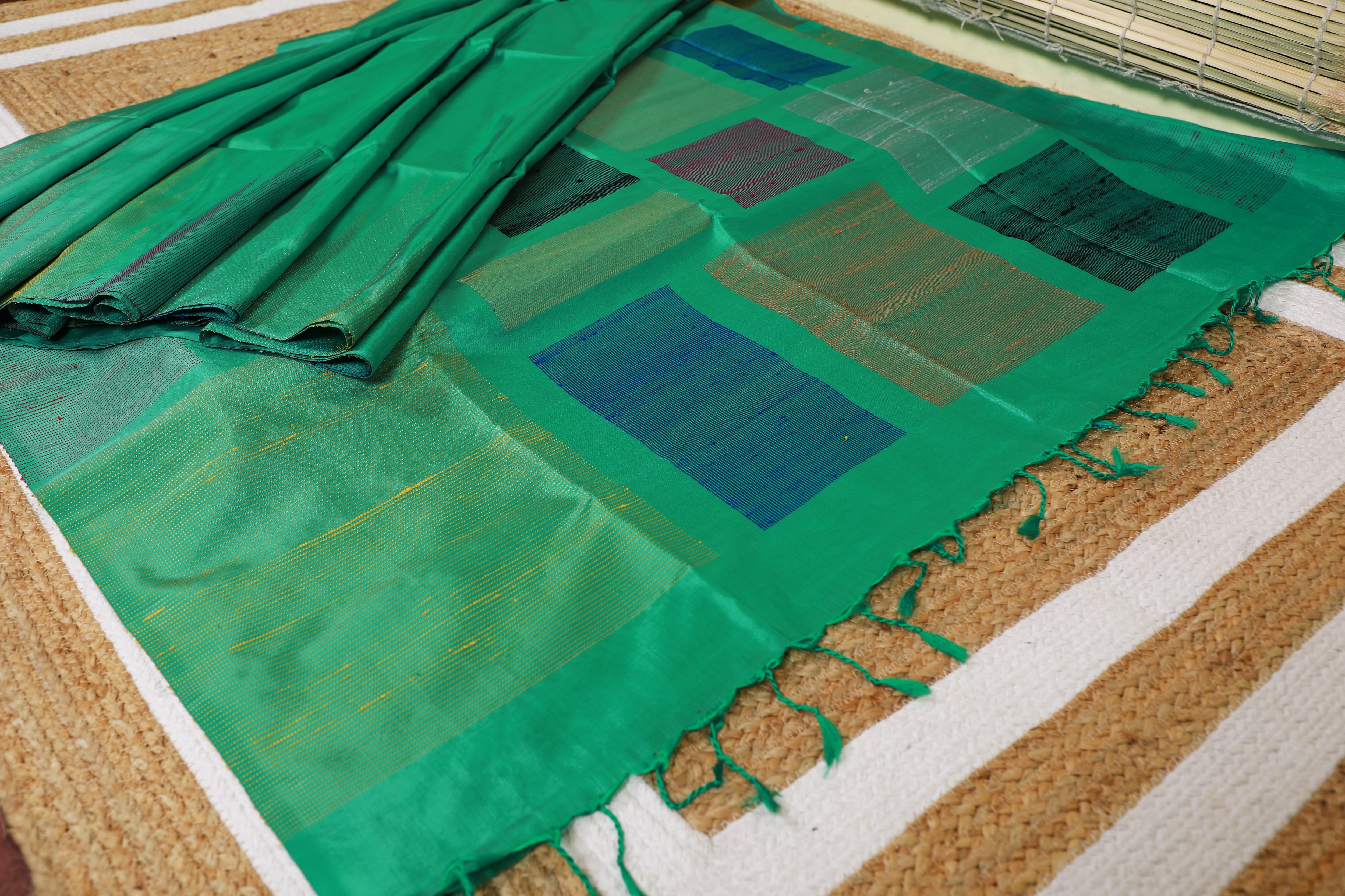 Pure Kanchipuram Soft Silk Saree with Dupion Thread Woven Border & Pallu, Temple Border & Plain Running Blouse Piece, Pista Green, SK1007