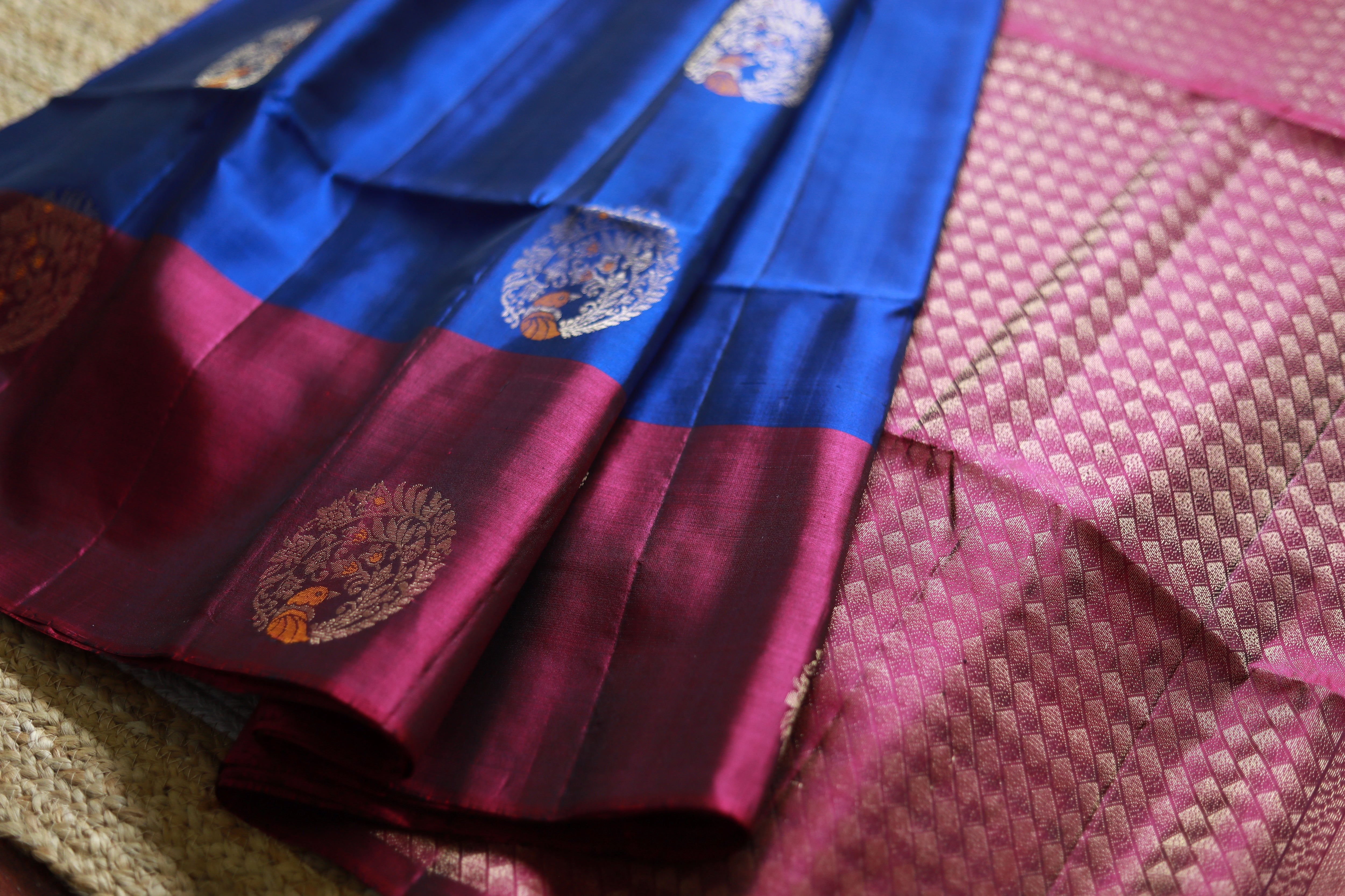 Pure Kanchipuram Soft Silk Saree with Minakari Woven Butta, Contrast Border, Heavy Zari Pallu & Plain Rani Pink Blouse Piece, Royal blue - Rani Pink,, SK1008