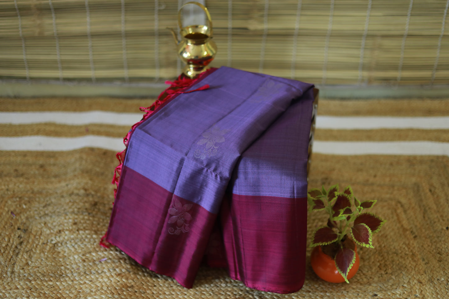 Pure Kanchipuram Soft Silk Saree with Pure Gold & Silver Butta, Contrast Border, Heavy Pallu & Plain Rani Pink Blouse Piece, Lavendar - Rani Pink, SK1009