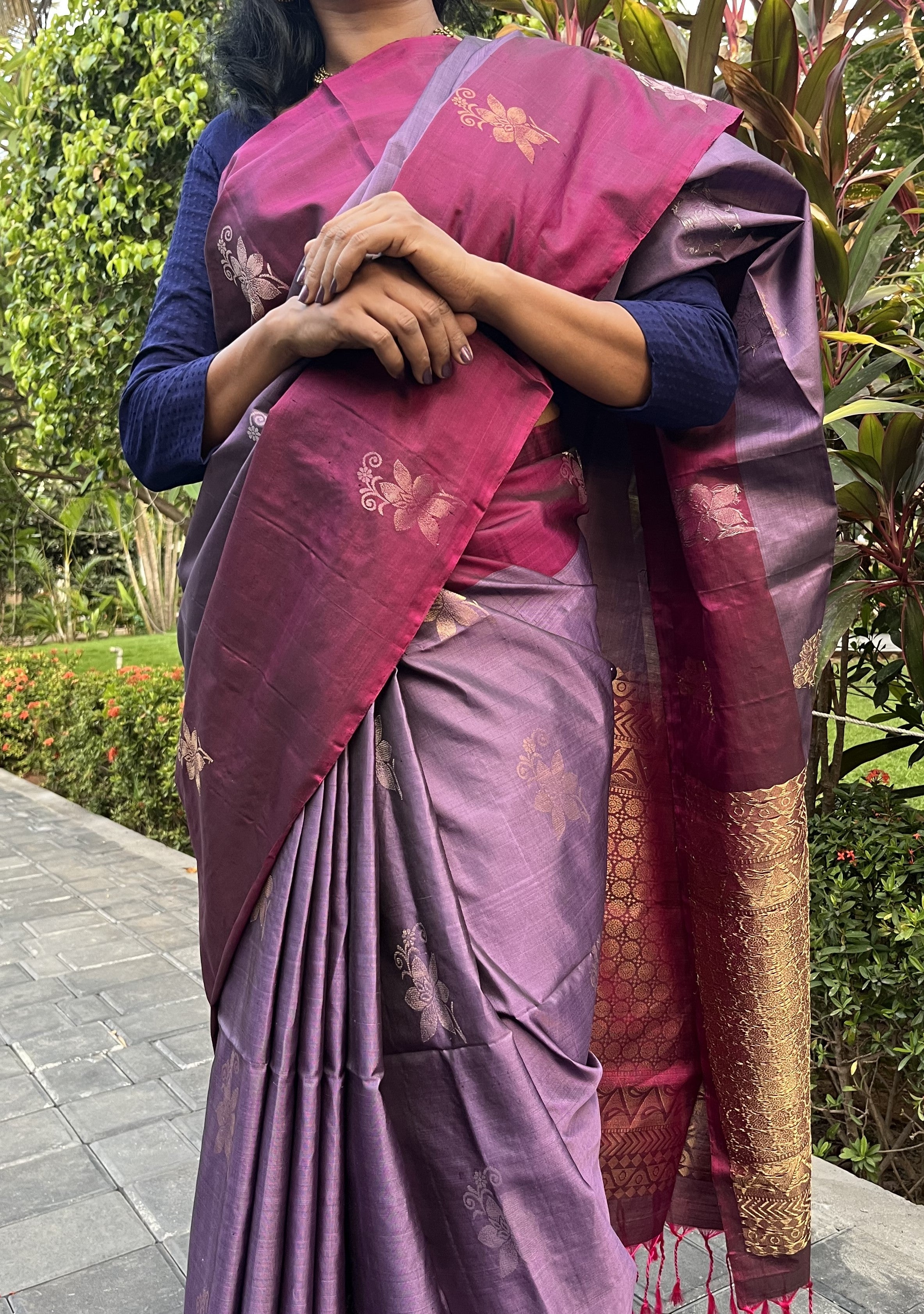 Pure Kanchipuram Soft Silk Saree with Pure Gold & Silver Butta, Contrast Border, Heavy Pallu & Plain Rani Pink Blouse Piece, Lavendar - Rani Pink, SK1009
