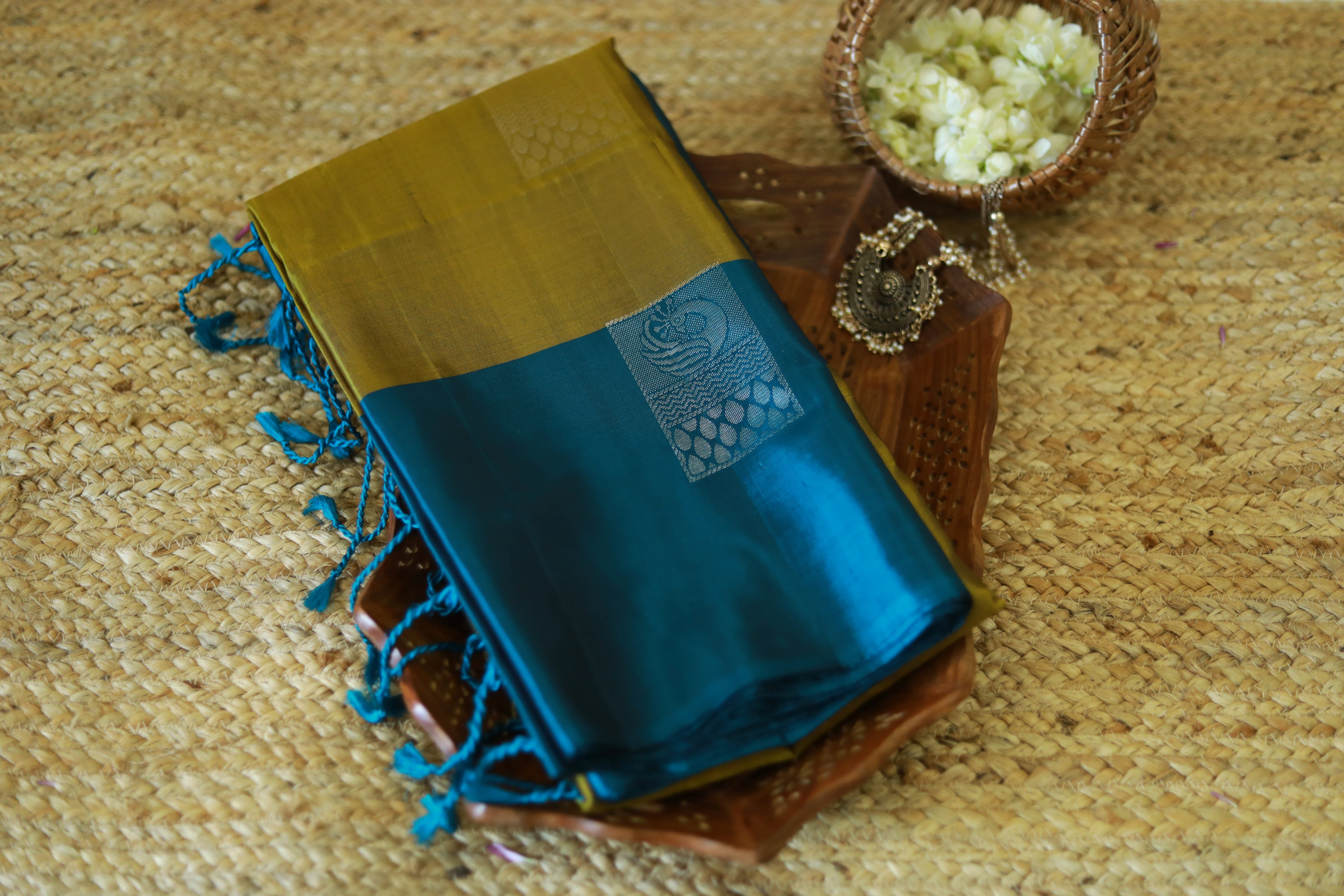 Pure Kanchipuram Soft Silk Saree with Minakari Woven Butta, Contrast Border, Heavy Zari Pallu & Plain Teal blue Blouse Piece, Mustard - Teal blue, SK1011