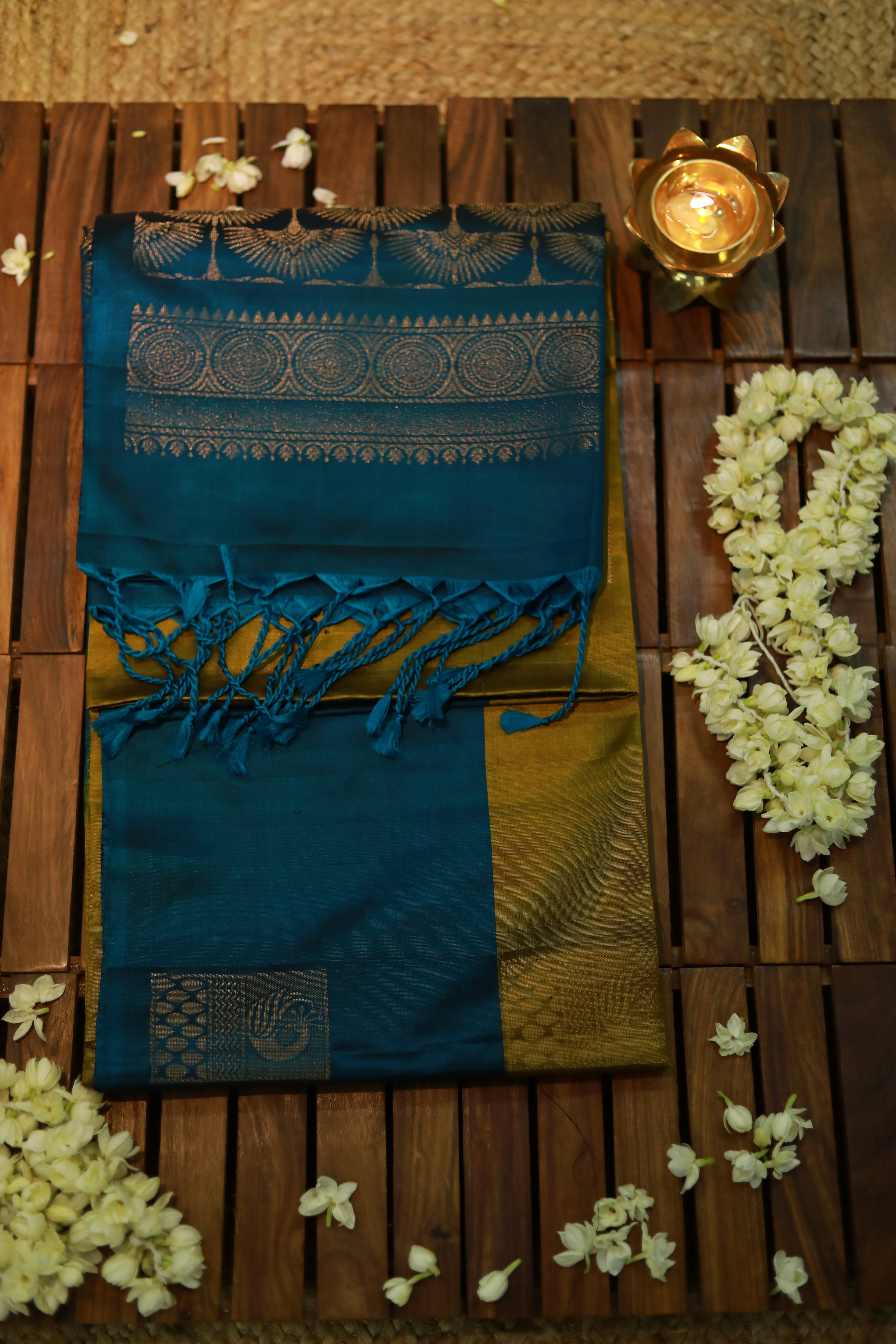 Pure Kanchipuram Soft Silk Saree with Minakari Woven Butta, Contrast Border, Heavy Zari Pallu & Plain Teal blue Blouse Piece, Mustard - Teal blue, SK1011
