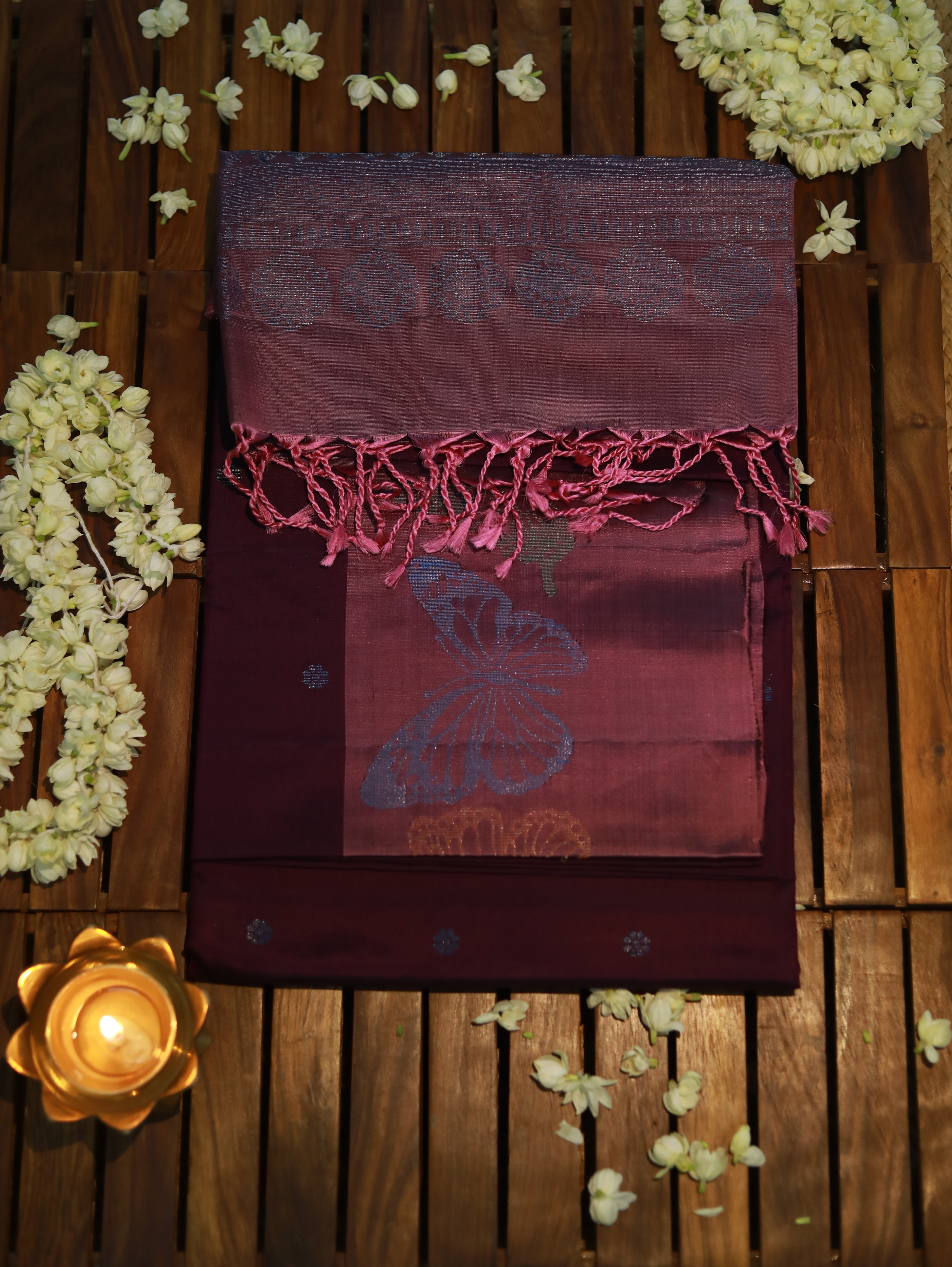 Pure Kanchipuram Soft Silk Saree with Woven Thread Butta, Zari Butterfly Woven Border in Contrast, Heavy Zari Pallu & Plain Lavendar Blouse Piece, Purple - Lavendar, SK1013