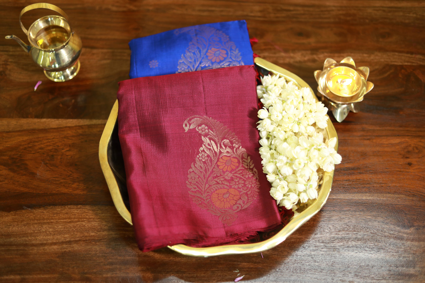 Pure Kanchipuram Soft Silk Saree with Minakari Woven Butta, Contrast Border, Heavy Zari Pallu & Plain Rani Pink Blouse Piece, Royal blue - Rani Pink,, SK1014