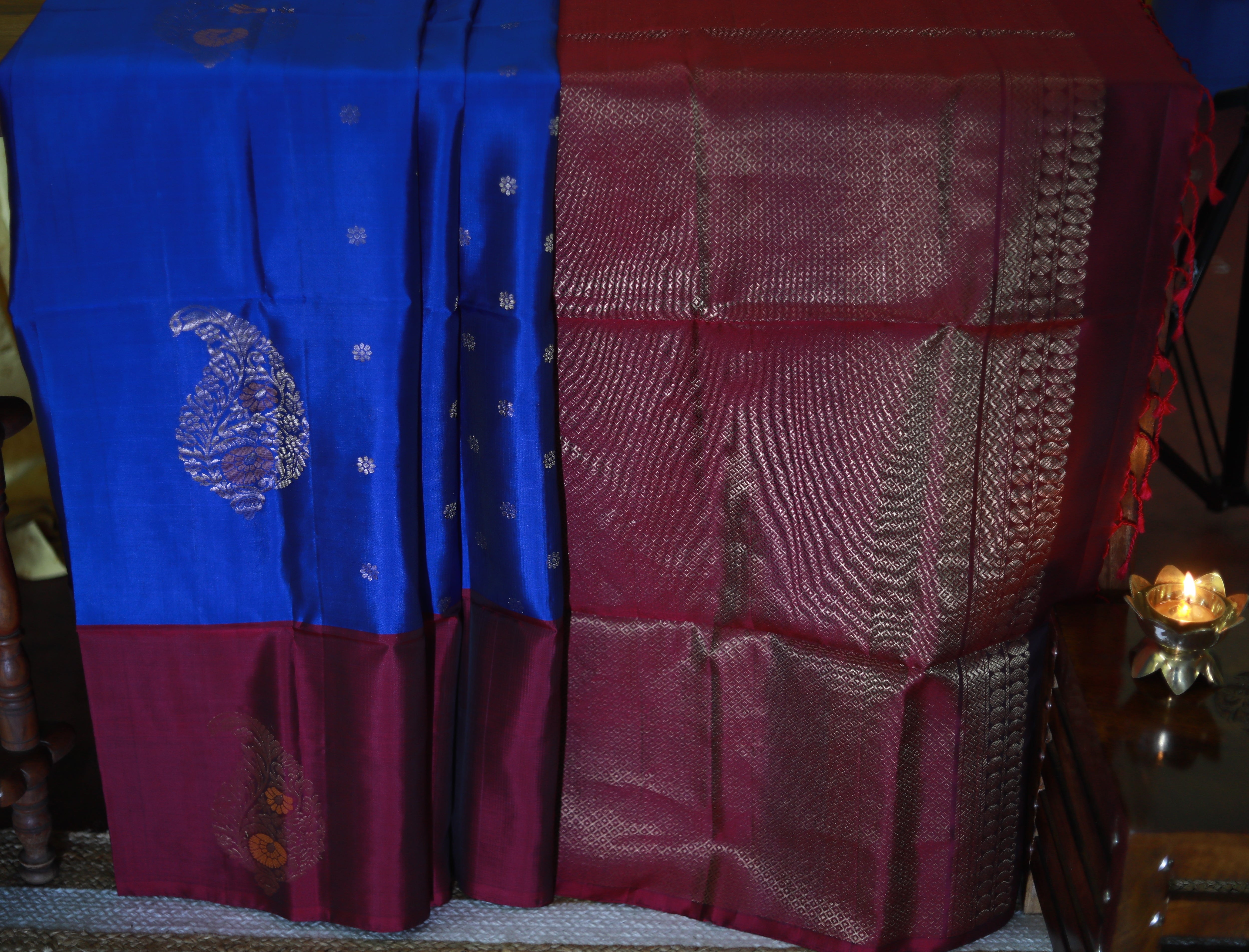 Pure Kanchipuram Soft Silk Saree with Minakari Woven Butta, Contrast Border, Heavy Zari Pallu & Plain Rani Pink Blouse Piece, Royal blue - Rani Pink,, SK1014
