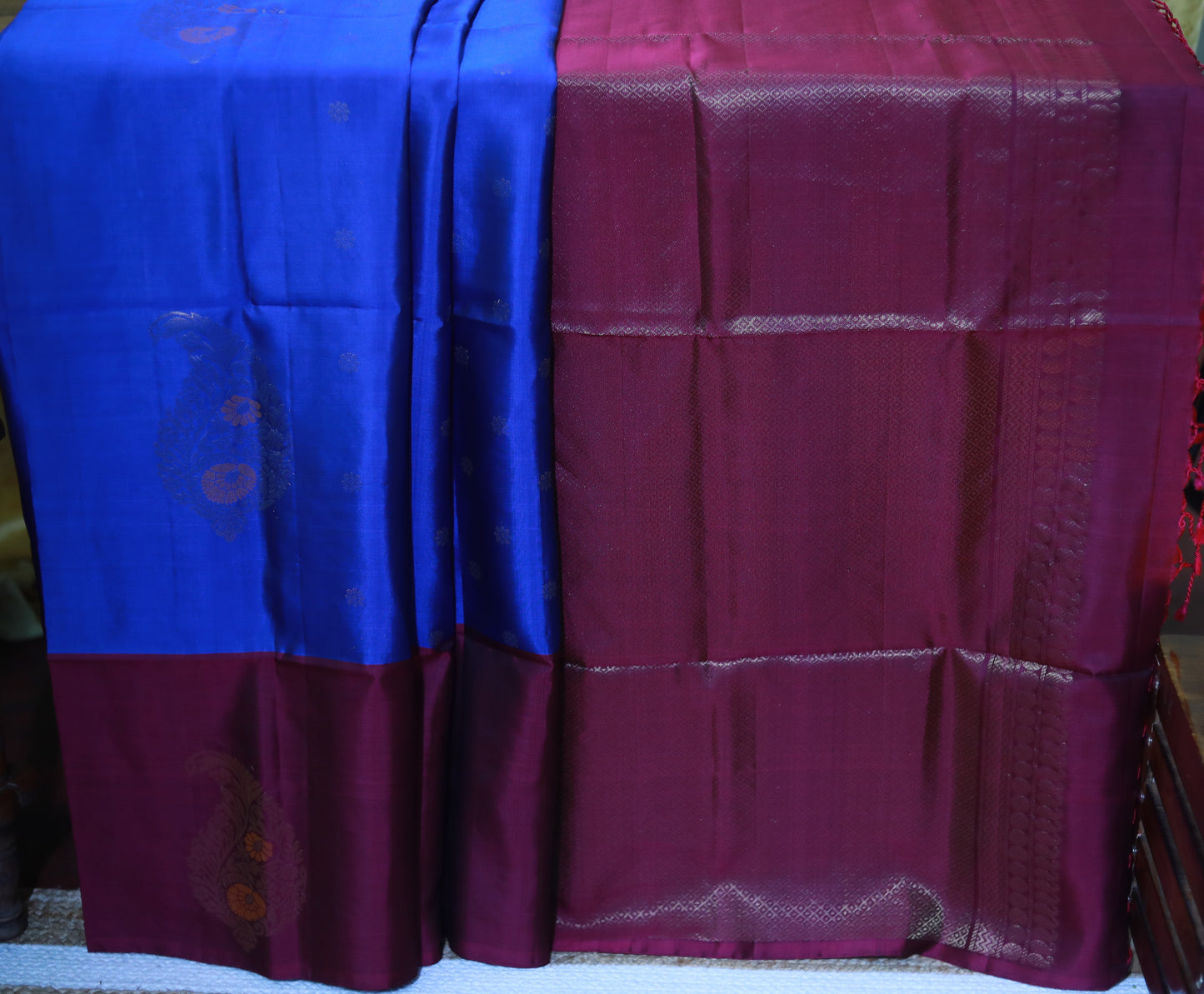 Pure Kanchipuram Soft Silk Saree with Minakari Woven Butta, Contrast Border, Heavy Zari Pallu & Plain Rani Pink Blouse Piece, Royal blue - Rani Pink,, SK1014