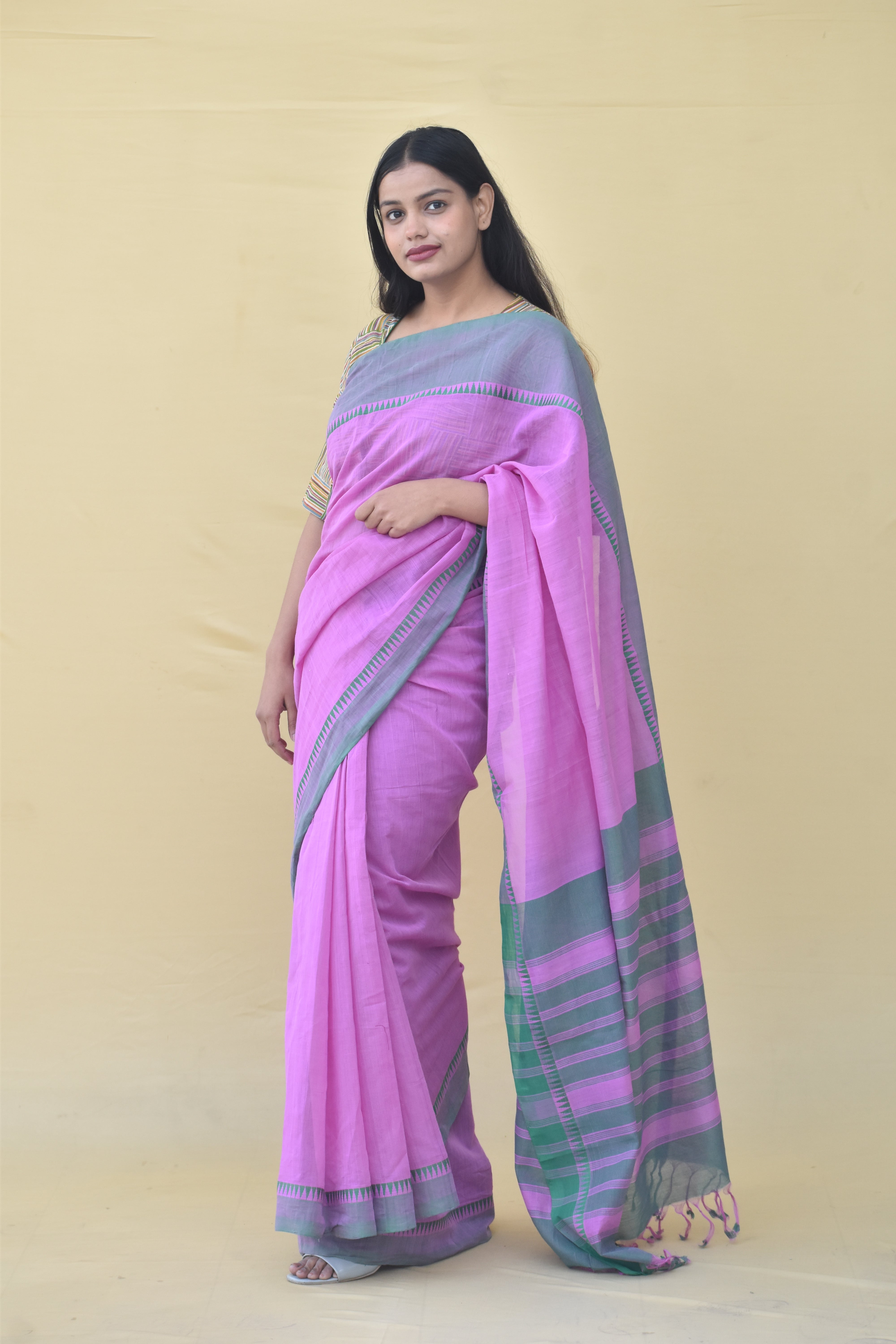Pure Handloom Mangalgiri Cotton Saree with Threadwork Temple Border & Tassles, Pink with Green, SR1039
