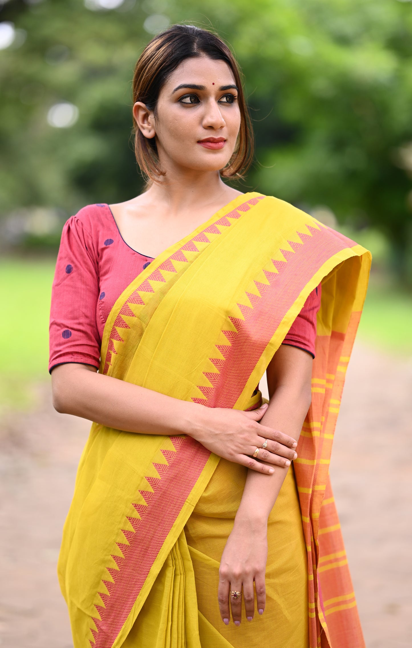 Handloom Pure Cotton Mangalgiri Saree with Woven Thread Border, Yellow, SR1045