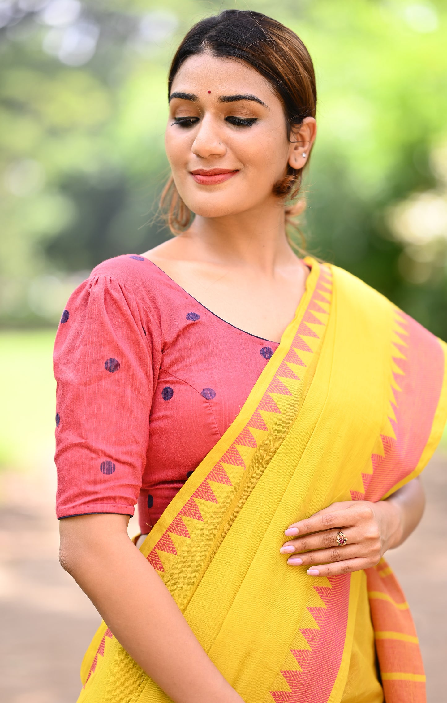 Handloom Pure Cotton Mangalgiri Saree with Woven Thread Border, Yellow, SR1045
