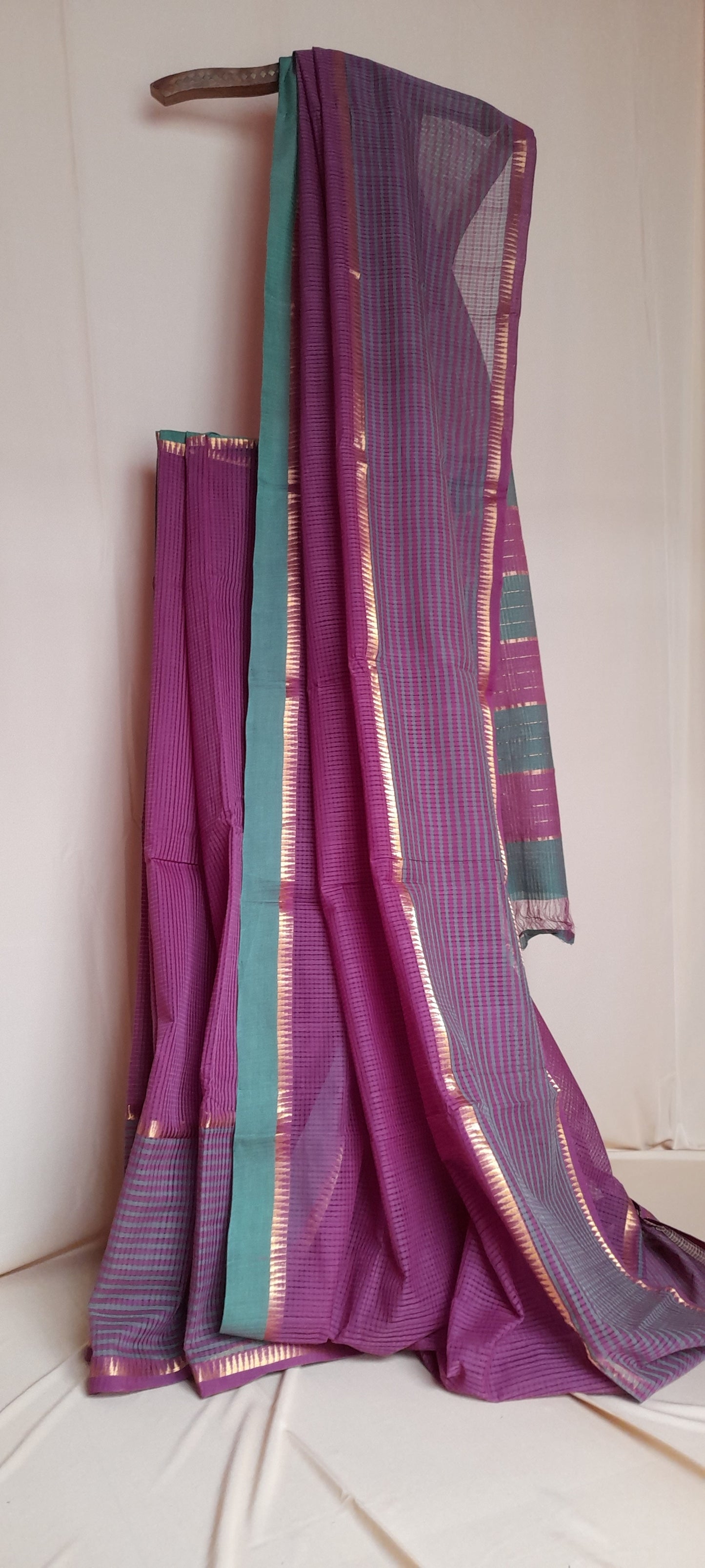Pure Cotton Mangalagiri Saree with Self Checks & Temple Zari Border, Purple - Green, SR1048