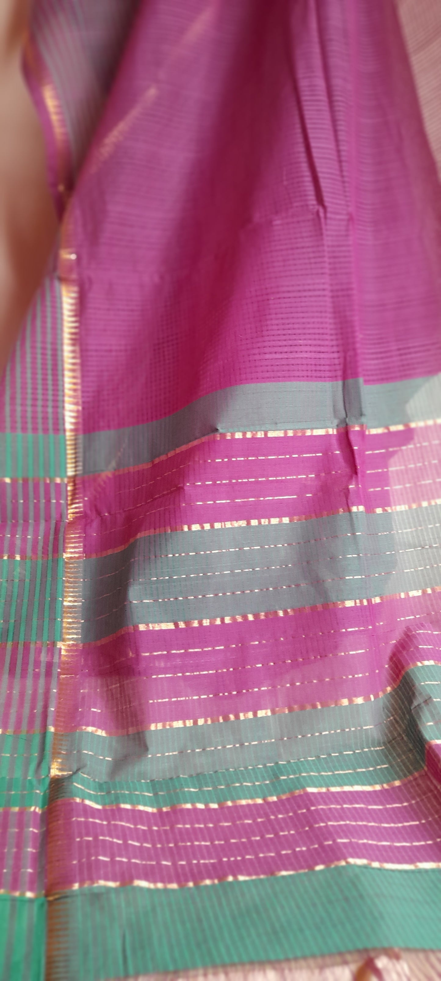 Pure Cotton Mangalagiri Saree with Self Checks & Temple Zari Border, Purple - Green, SR1048