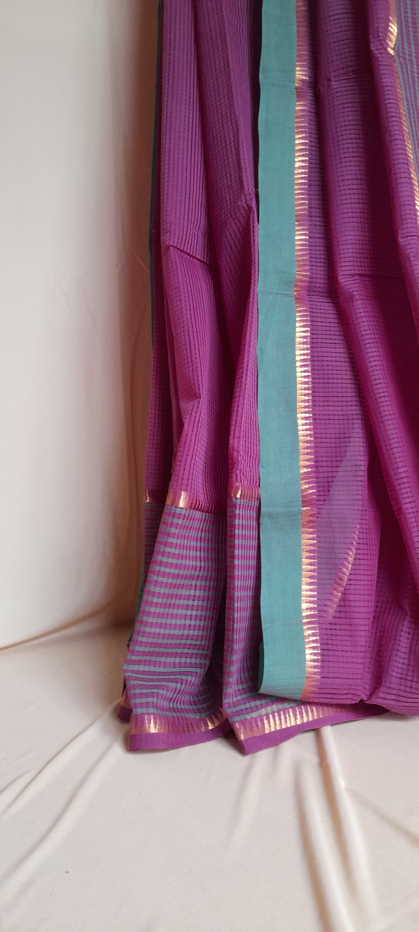 Pure Cotton Mangalagiri Saree with Self Checks & Temple Zari Border, Purple - Green, SR1048