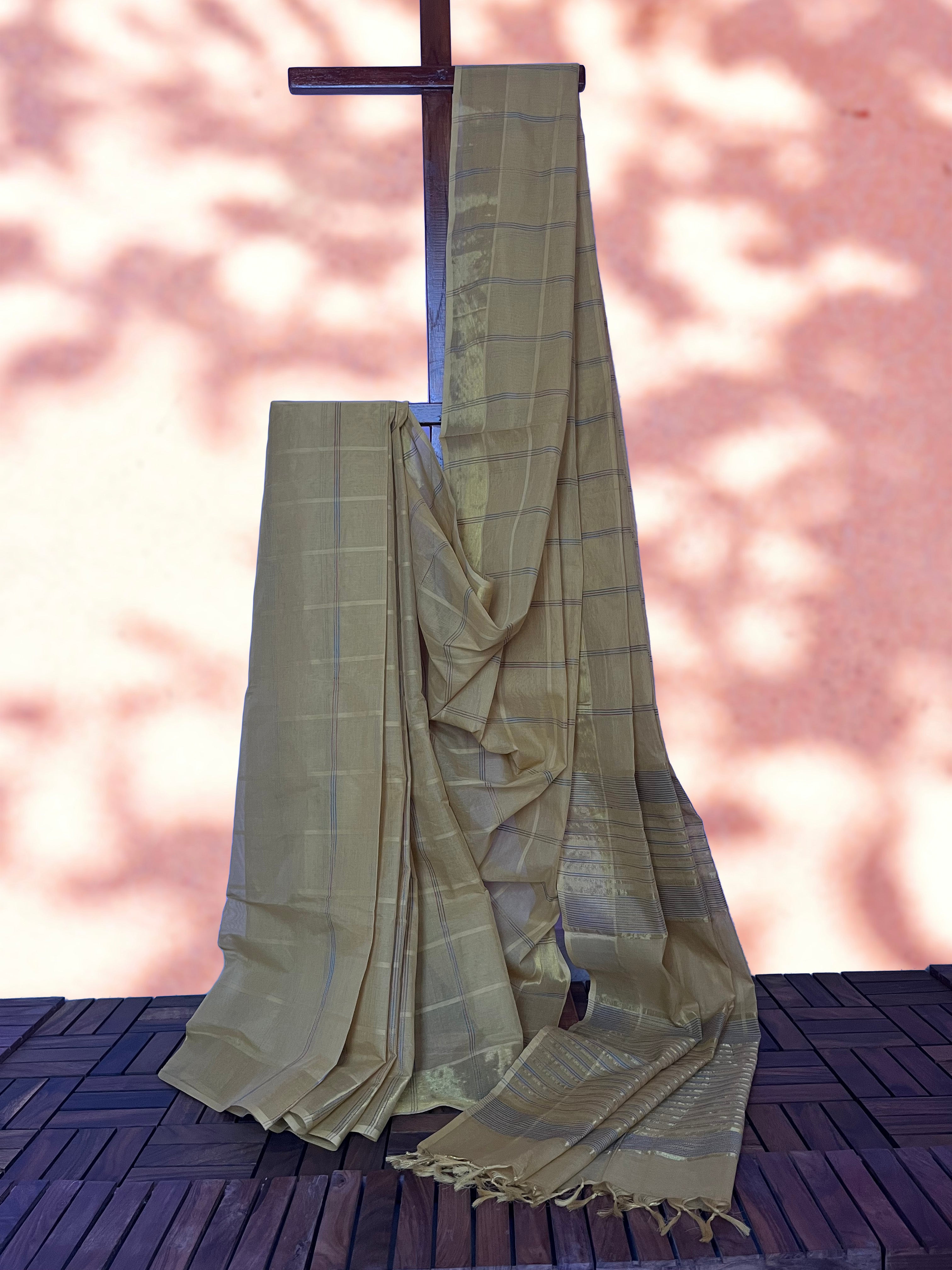 South Cotton Saree with Zari Checkered Border & Running Blouse , Golden Beige, SR1051
