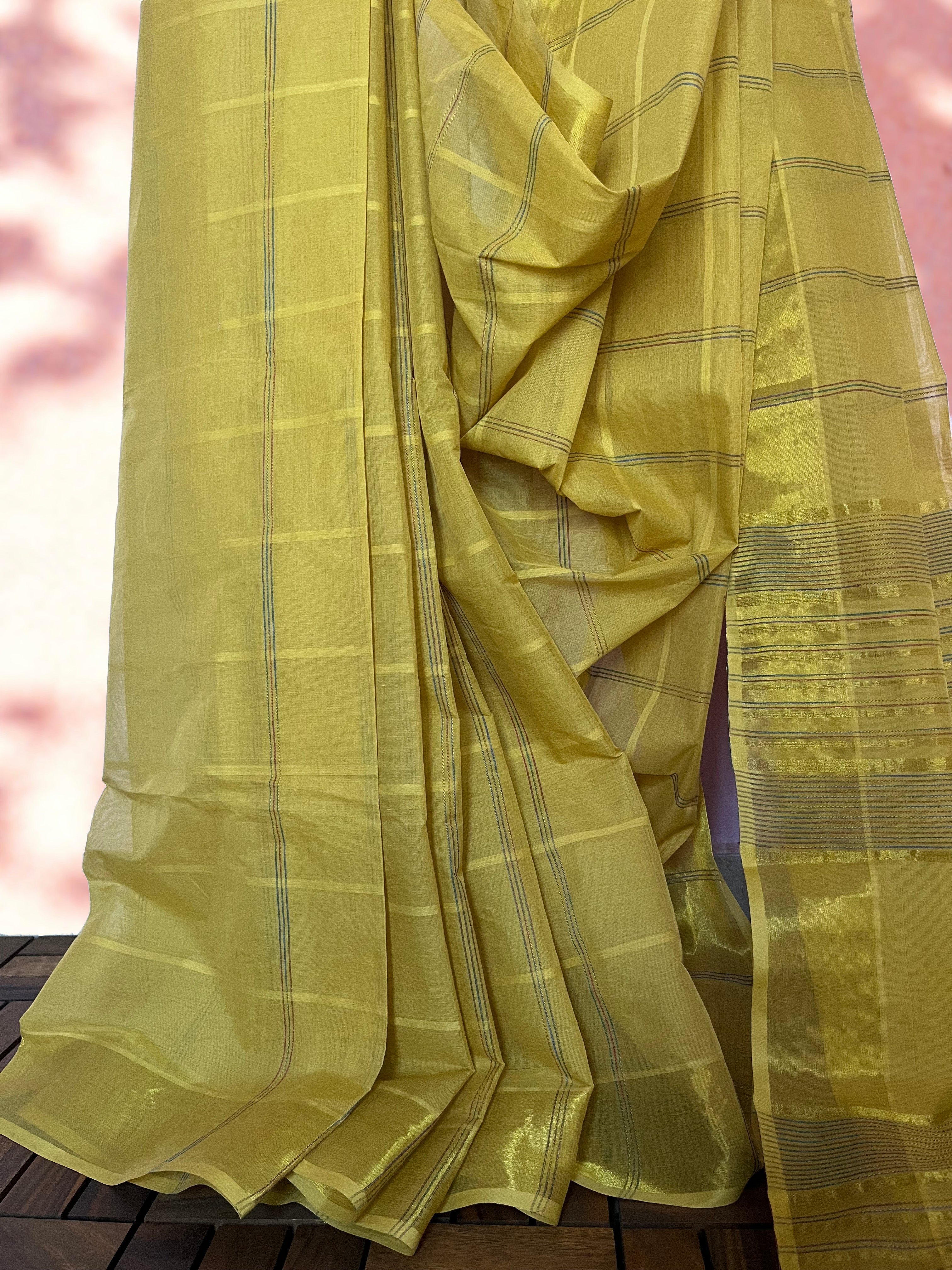 South Cotton Saree with Zari Checkered Border & Running Blouse , Golden Beige, SR1051